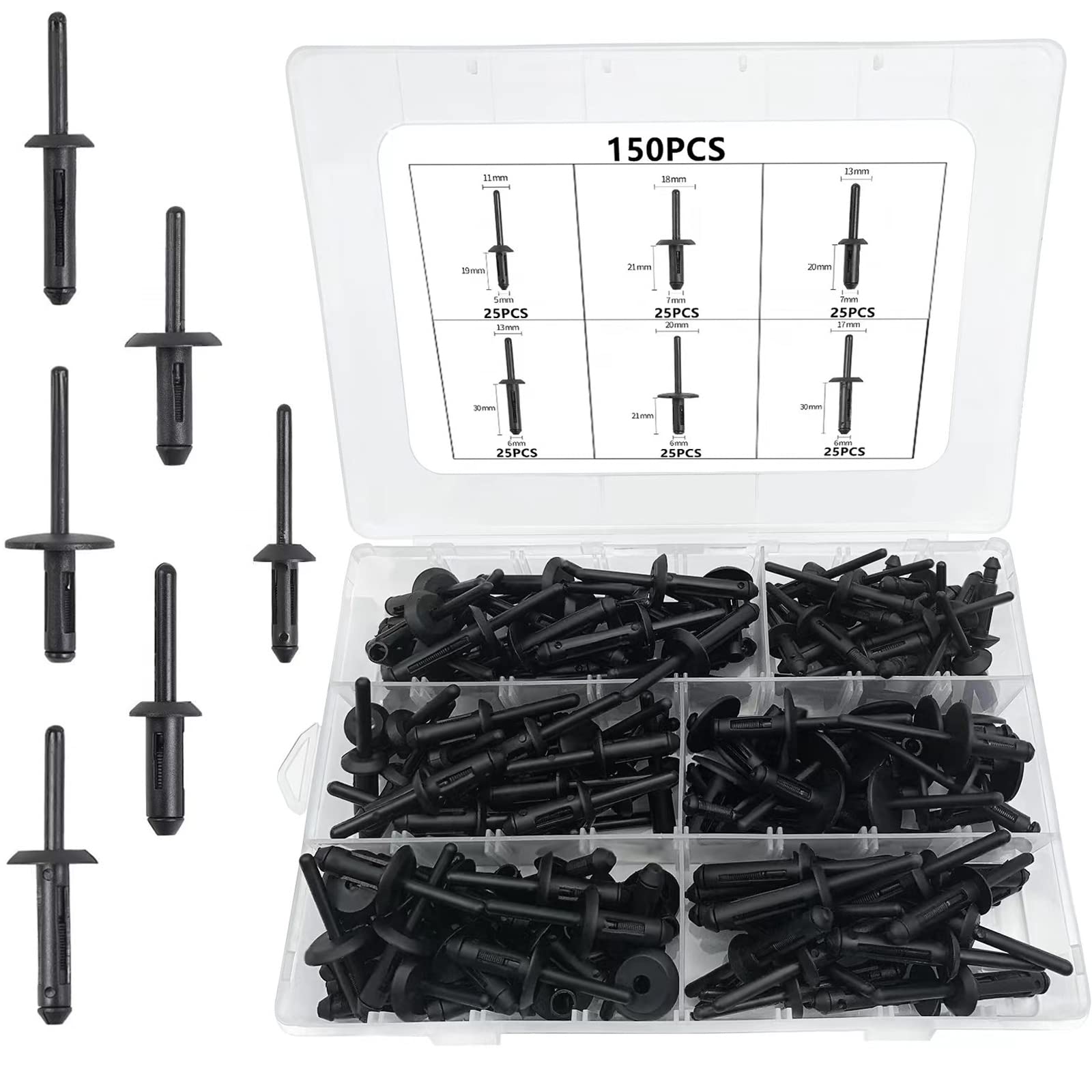 150Pcs Plastic Rivet Clip,Automotive Universal Nylon Pop Rivet Assortment,6 Most Popular Sizes Black Nylon Universal Rivet Kit,R