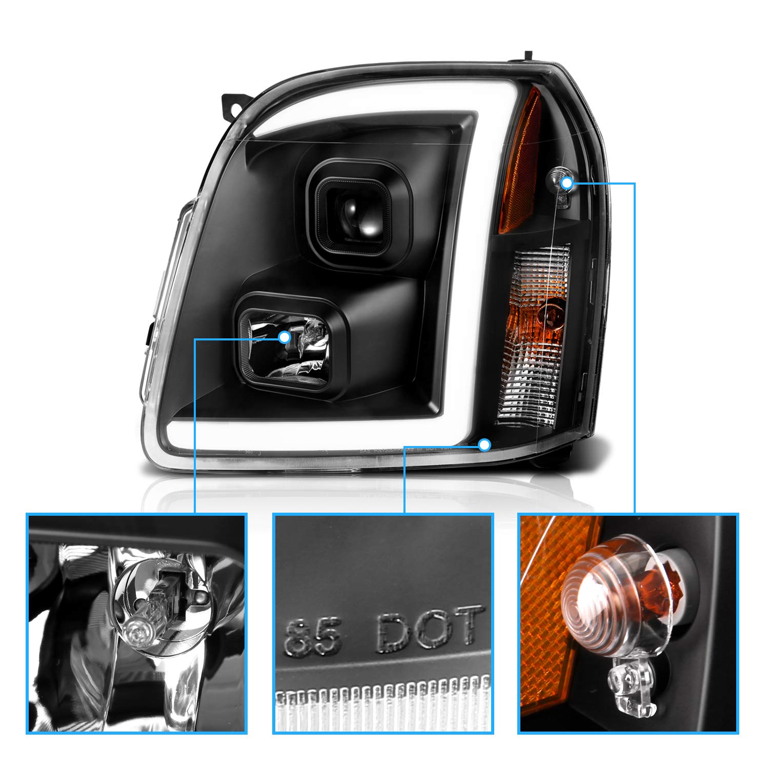 AmeriLite LED Bar Projector Headlights Set for 2007-2014 GMC Yukon/Yukon XL/Denali - Black, Driver + Passenger Side