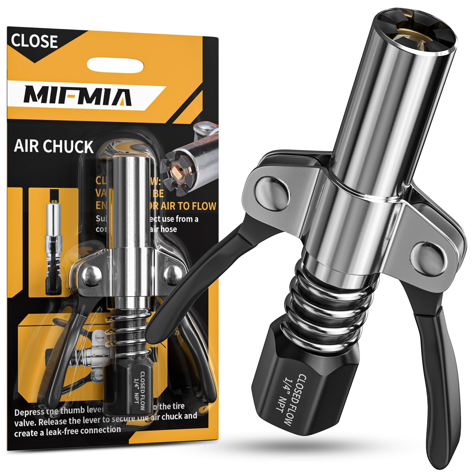 MIFMIA Locking Air Chuck, Heavy Duty with Six Steel Jaws, Locks onto Any Tire Valve, No Leaks or Pop-Offs, Rated to 150 PSI - Cl
