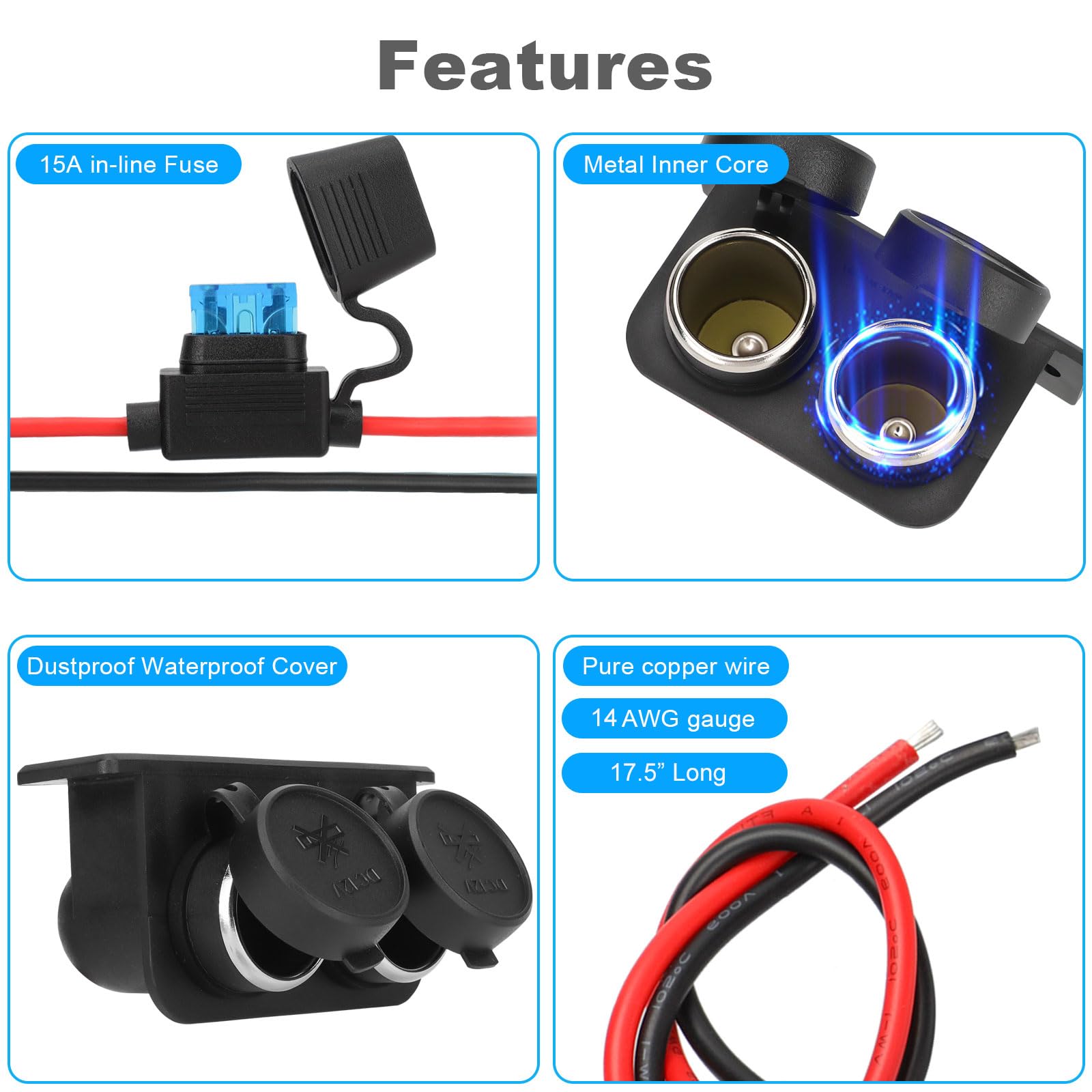2Pcs Cigarette Lighter Socket With Blade Fuse, 2-Socket Cigarette Lighter Splitter 12V Lighter Power Outlet Replacement Waterpro