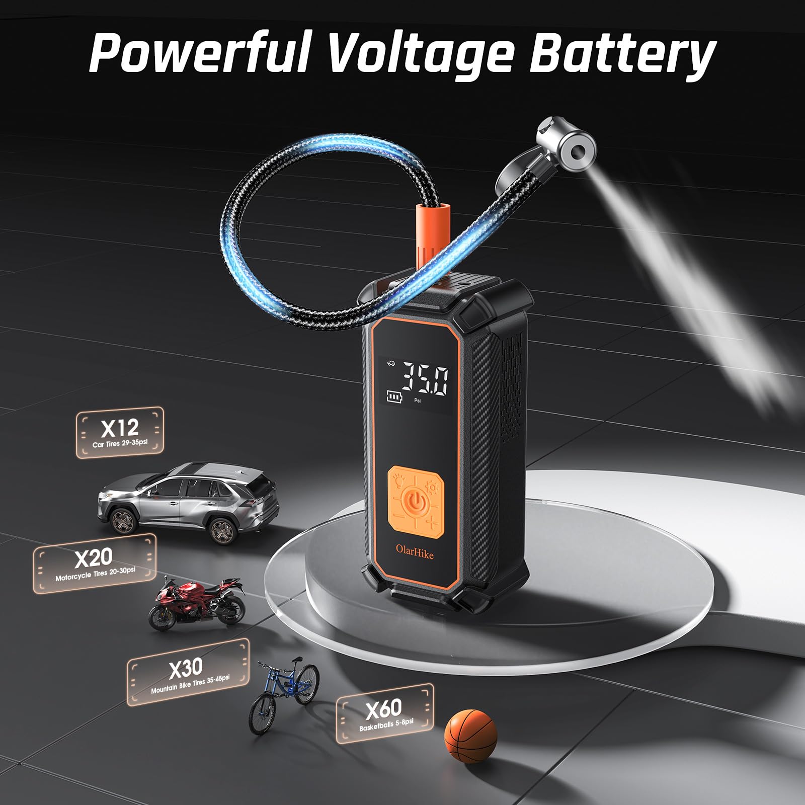 OlarHike Cordless Tire Inflator, 150PSI Air Compressor, 5400mAh, LED Light, Digital Gauge, Model TIC3V306, Orange