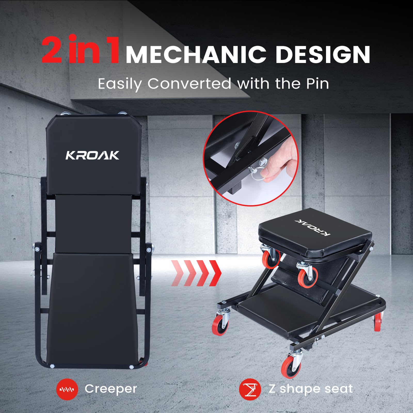 KROAK Creeper, 36 Inches 2 in 1 Z Creeper Seat 330 lbs Capacity Garage Chair Adjustable Rolling Folding Car Creeper with 6 pcs W