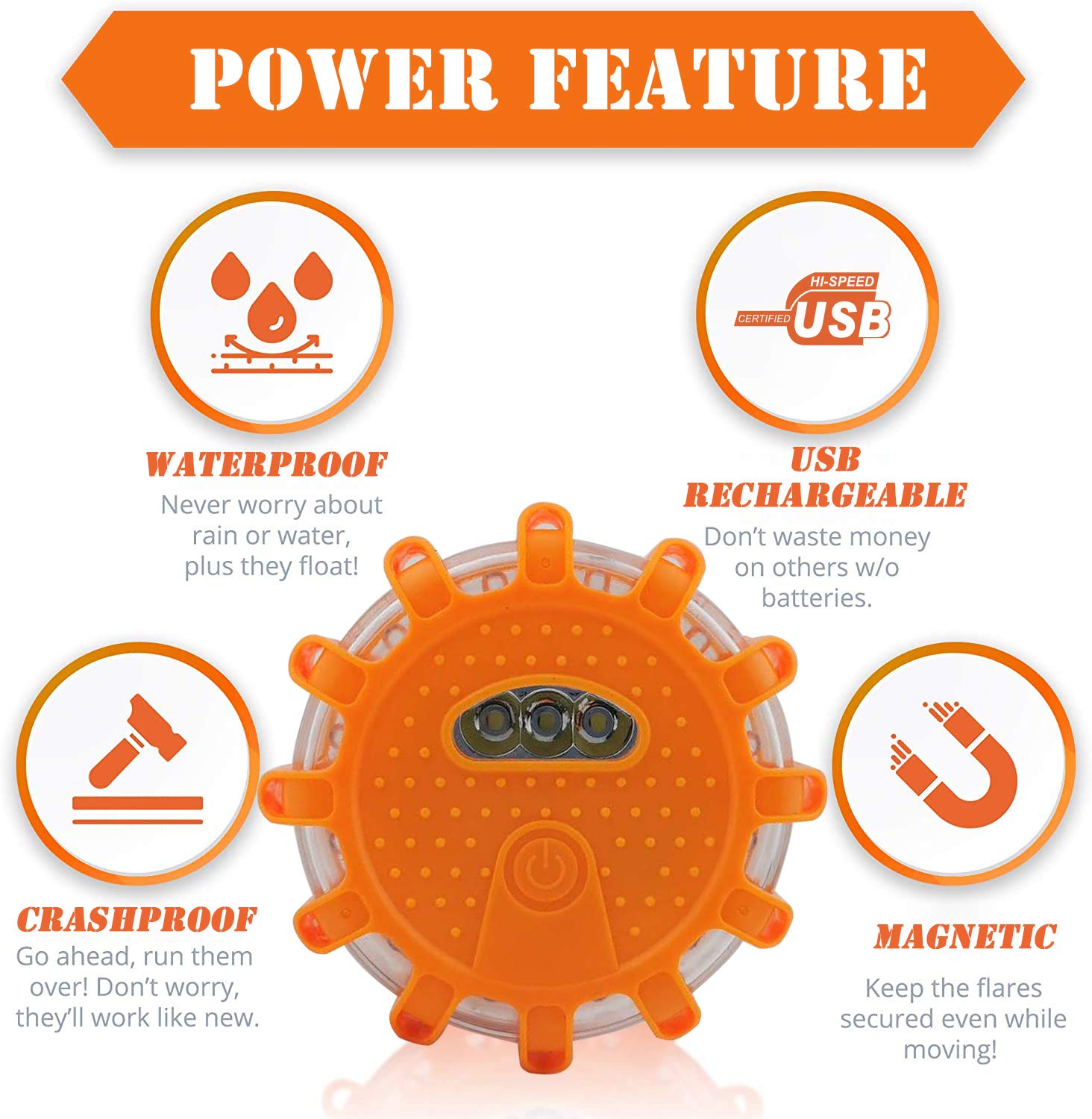 Ecoangel LED Road Flares - USB Rechargeable Safety Beacon Kit, 3 Magnetic Disc Lights, Plastic, 3 Colors for Vehicles & Boats