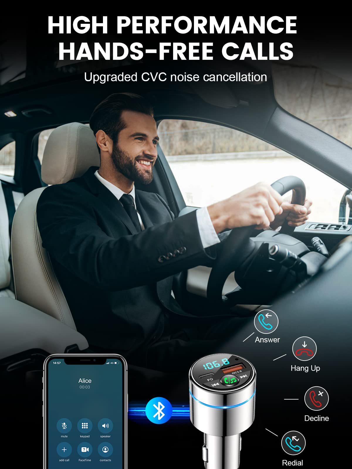 RIWUSI FM Transmitter for Car Bluetooth 5.3, PD 30W & QC3.0 Charger, Silver, Noise Cancelling Hands-Free Call, Small Size