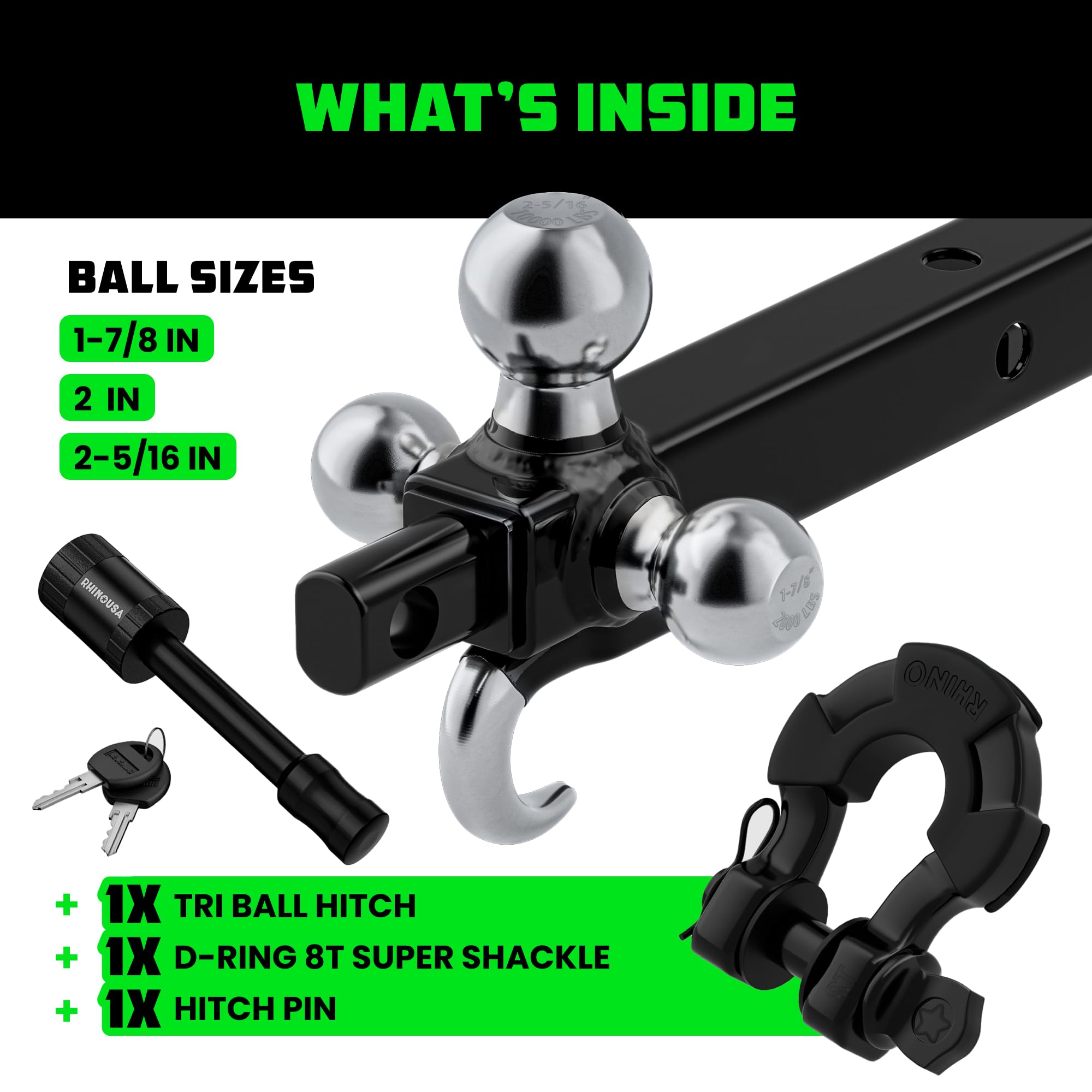 Rhino USA Trailer Hitch Tri-Ball Mount with Hook, Shackle & Locking Pin (2-Inch Receiver) Versatile Tow Hitch Ball Size 1-7/8 In
