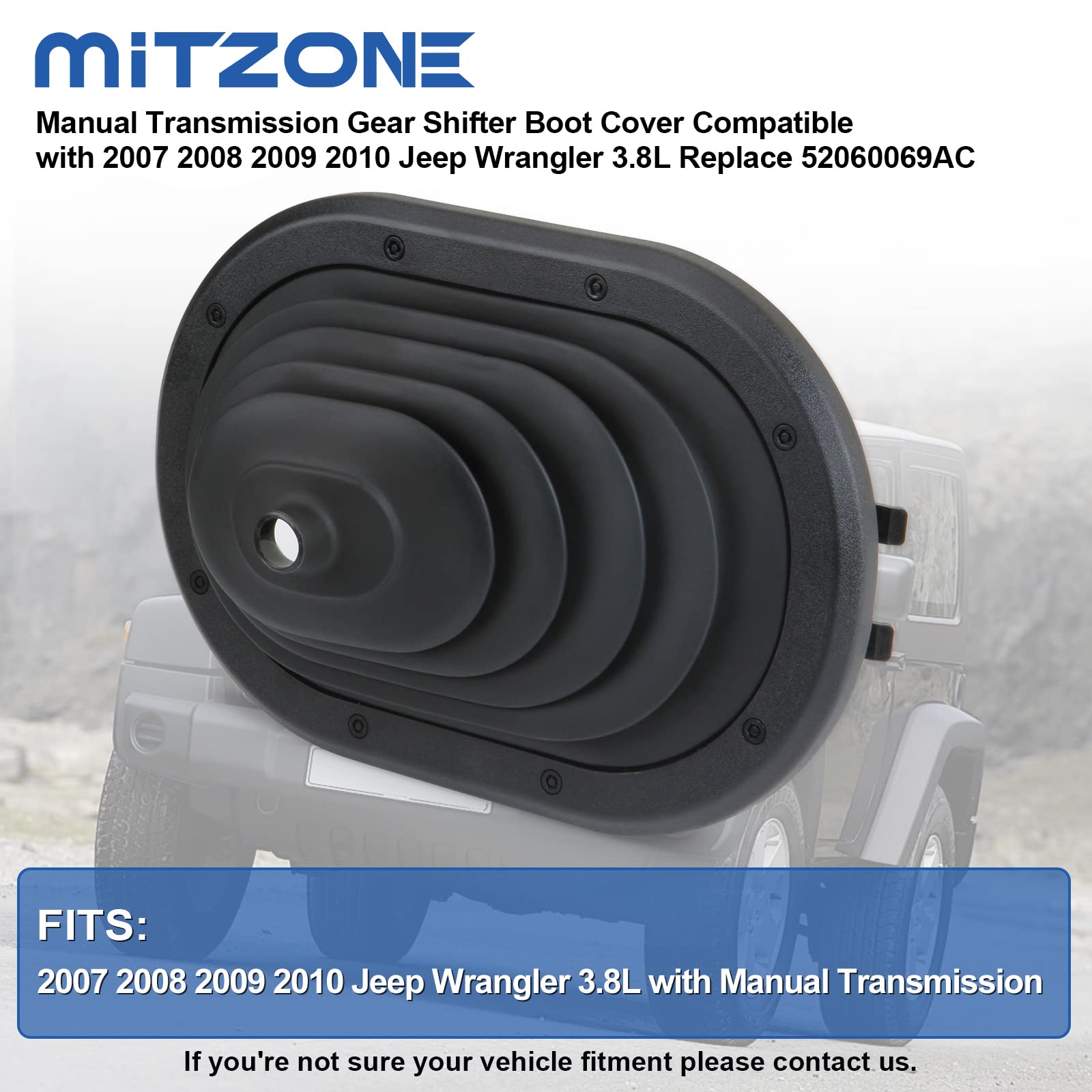 MITZONE Manual Transmission Gear Shifter Boot Cover for Jeep Wrangler JK 2007-2010, Black, Model 080-001, Replace 52060069AC