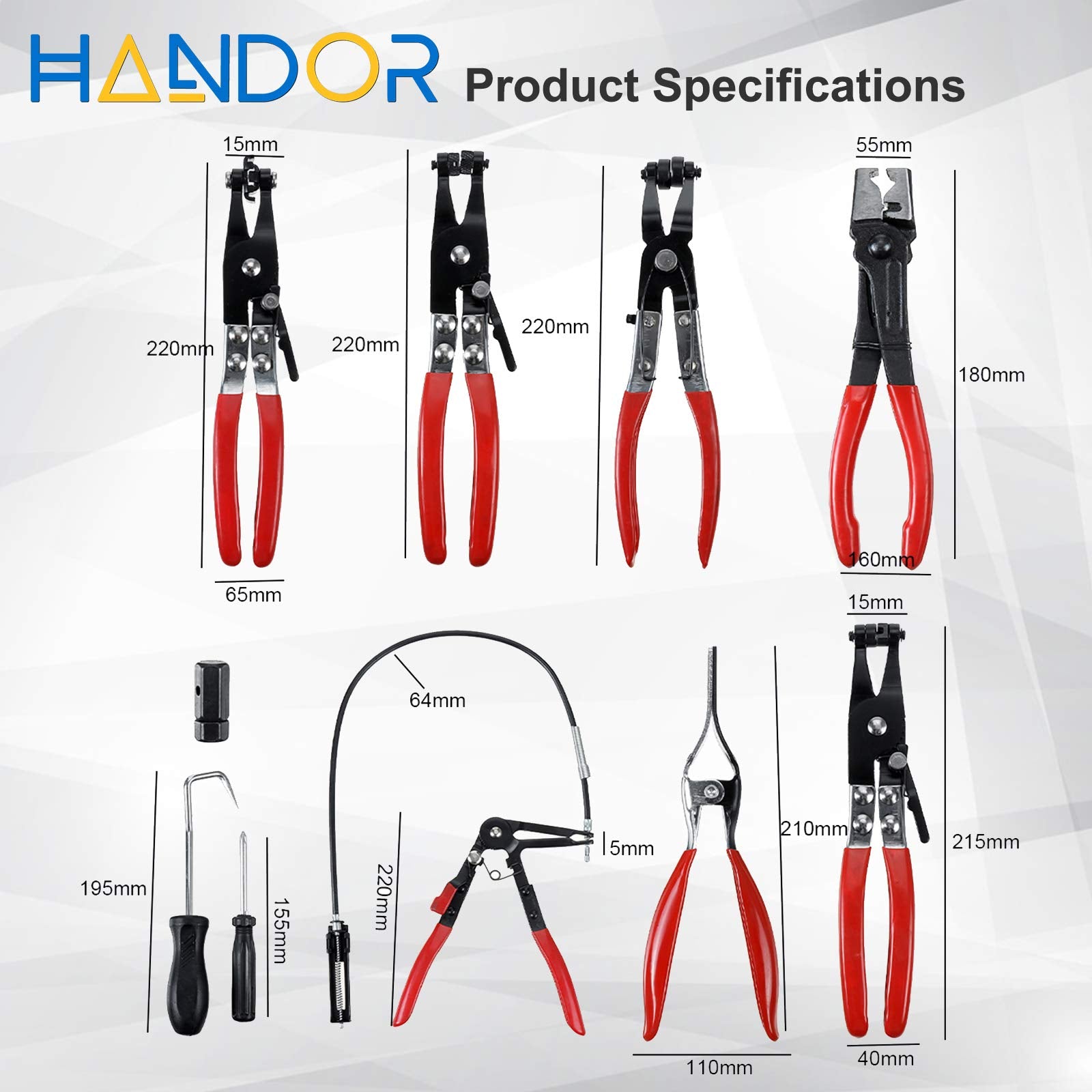 Handor 9pcs Hose Clamp Pliers Set, Alloy Steel Long Reach Tools for Fuel, Oil, Water Hoses - GGM-105020A-7094
