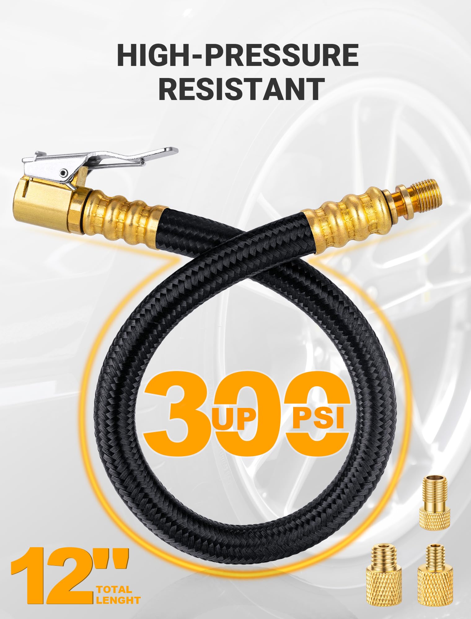 LUMITECO 12'' Tire Inflator Extension Tube - High-Pressure Air Chuck Hose Adapter with Presta Valve for Quick-Inflation