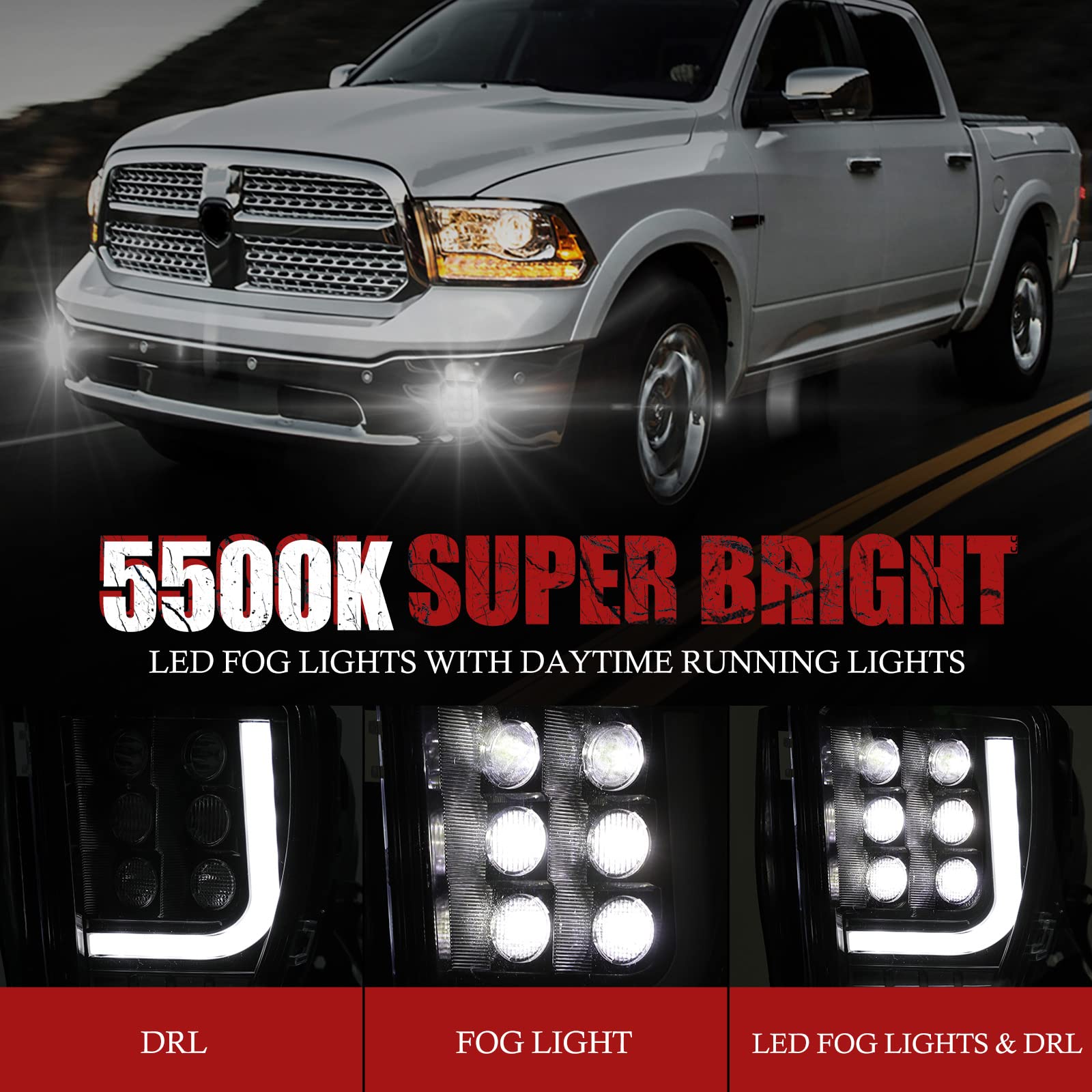 BUNKER INDUST Dodge Ram LED Fog Light Set with DRL, Model F-RAM-0004-FRD*2, for 2013-2018 Ram 1500, Spot Flood