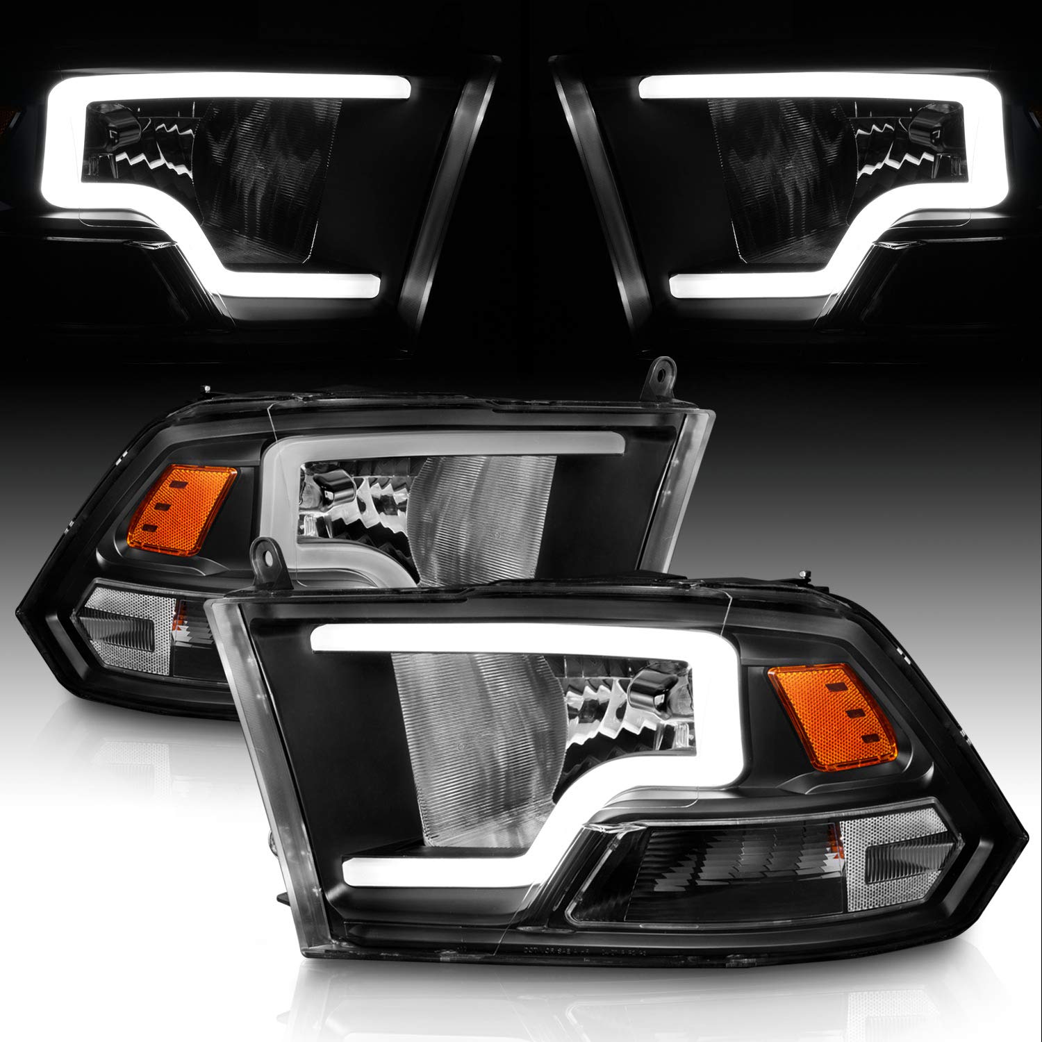 AmeriLite LED Bar Black Replacement Headlights for 2009-2018 Dodge Ram 1500 2500 3500 - Driver & Passenger Side Pair
