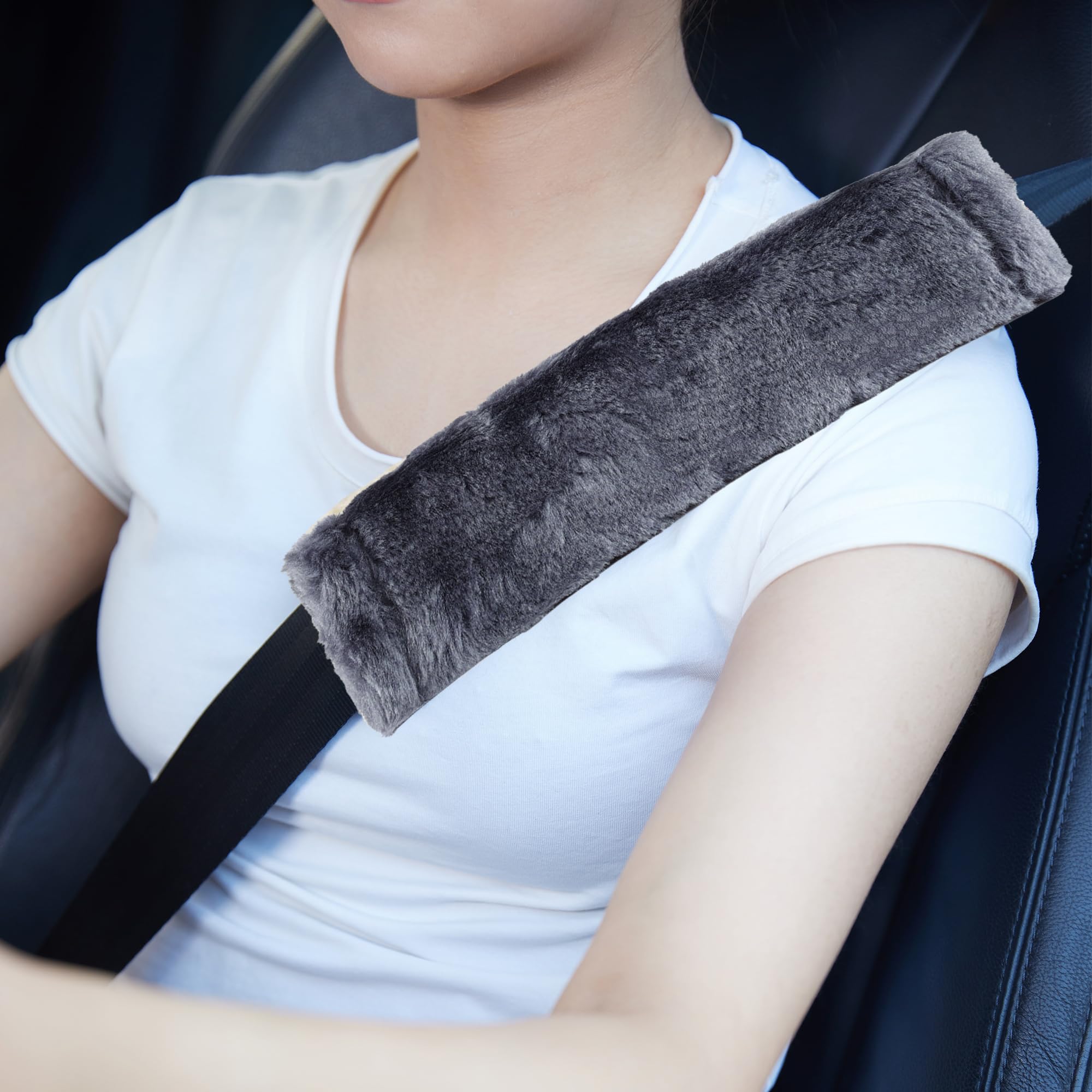 Moonet 2 Packs Car Seatbelt Covers Shoulder Pad For More Comfortable Driving, Universal Seat Belt Cover For Handbag Camera Backpack Straps, Soft Faux Sheepskin Wool Seat Belt Cushion (Dark Gray)