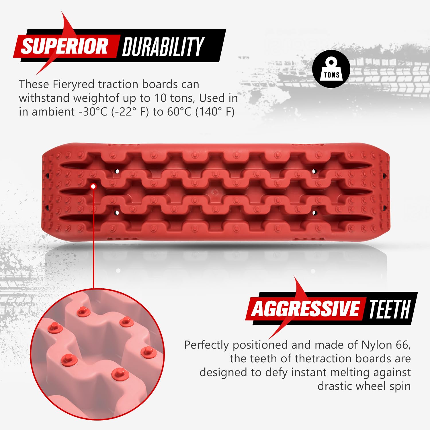 FIERYRED Offroad Traction Boards - 2Pcs Recovery Tracks, Nylon, Red, Model RTK-UFA, Includes 2 Leashes & Carry Bag for Sand, Mud, Snow