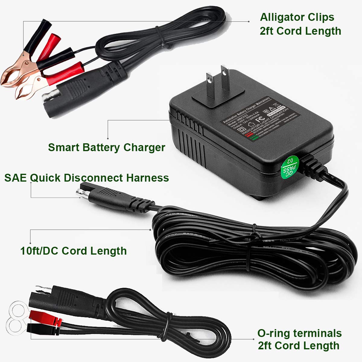 Mroinge 12V 2A Smart Battery Charger for Lead Acid & Lithium Batteries - Black