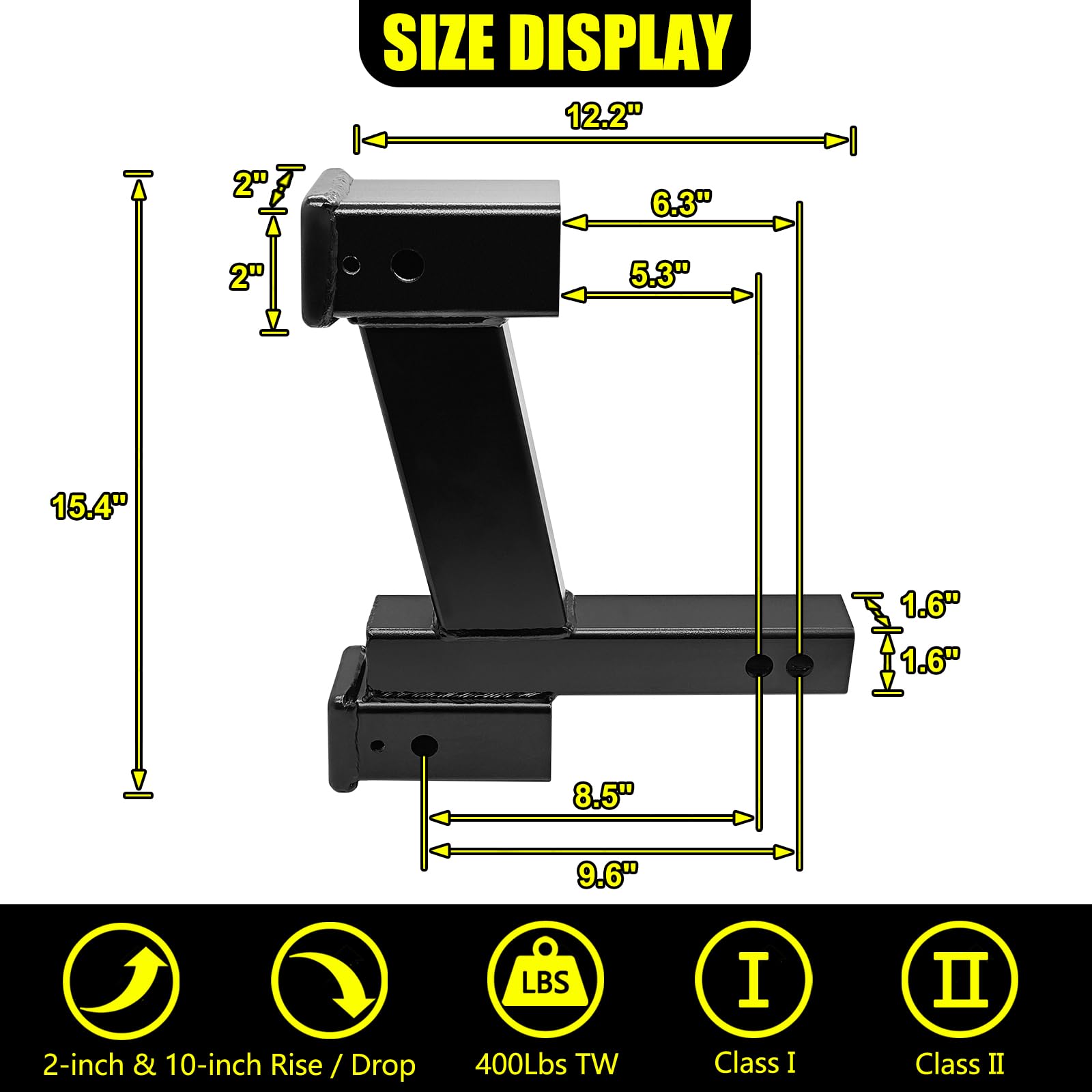 KAIRAY Trailer Dual Hitch Extender Adapter, 2" & 10" Riser/Drop, Alloy Steel, 10000lbs Capacity, Y-shaped, Black