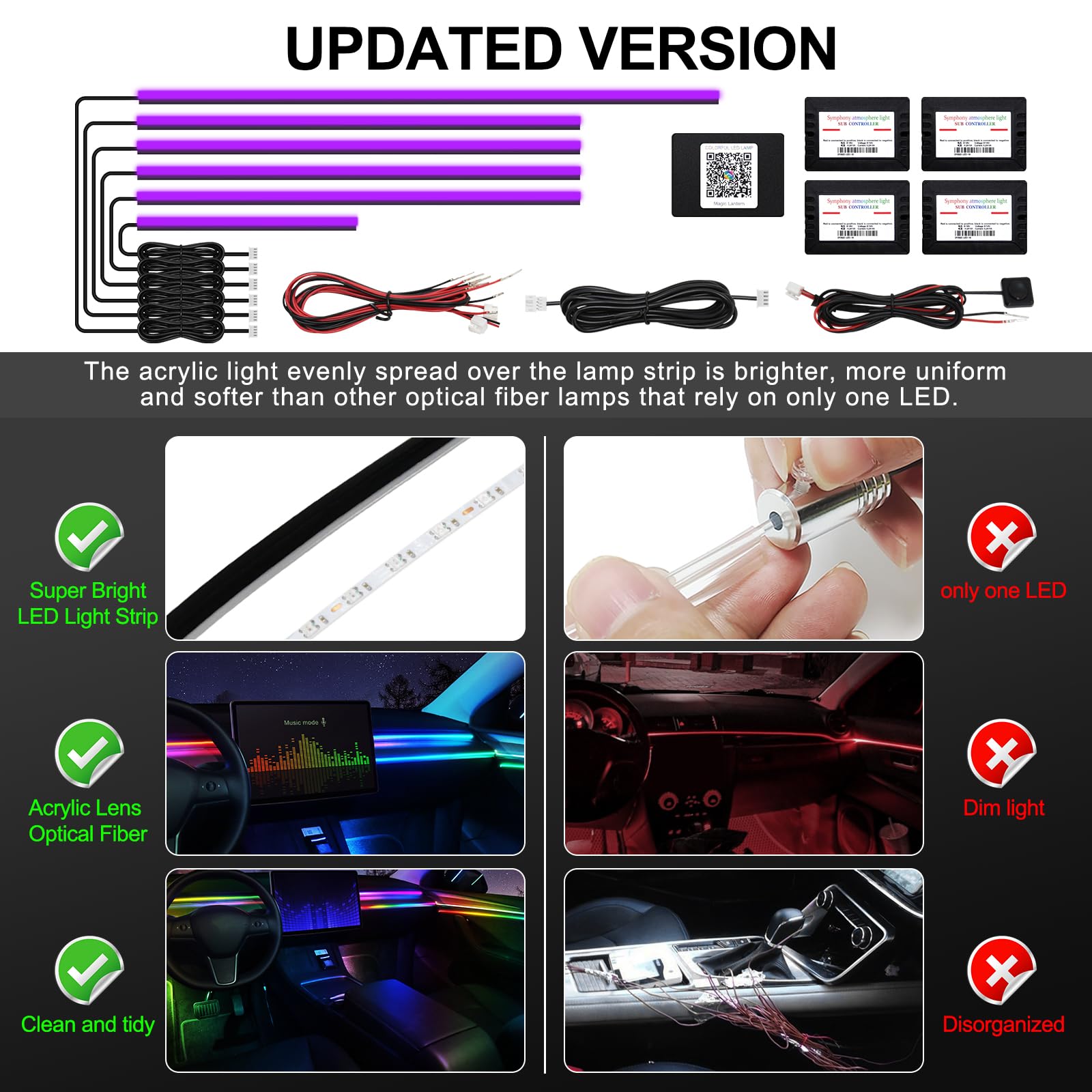 MAODANER Acrylic Car LED Strip Light, RGB 6 in 1, 175 inches, 593 LEDs, Wireless APP, Sound Active Ambient Lighting