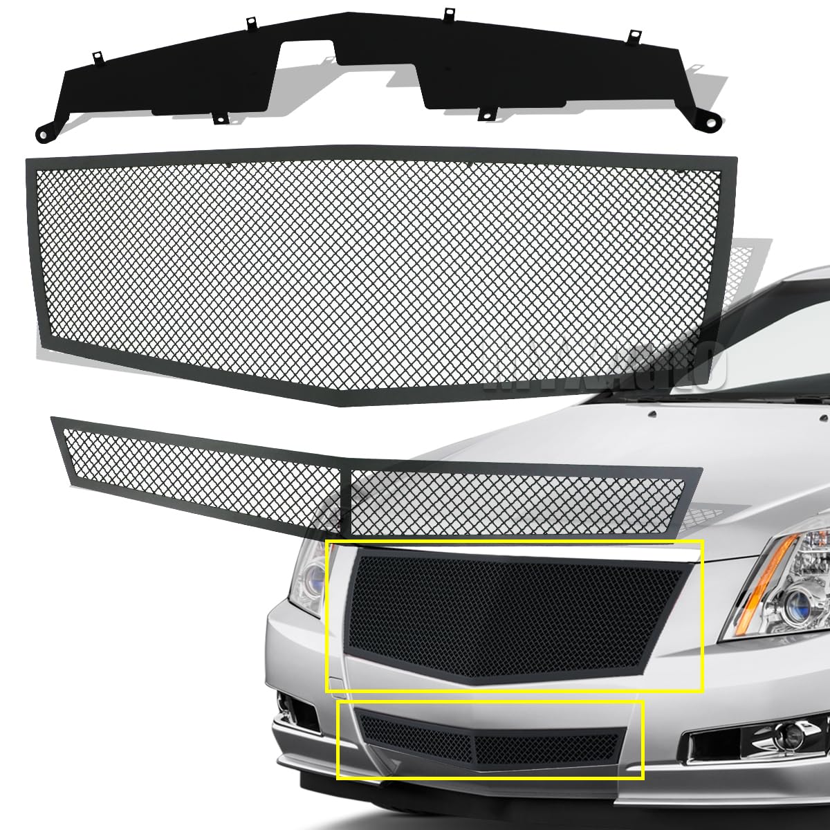 Front Grille Compatible with Cadillac CTS 2008-2013 & 11-14 CTS Coupe Stainless Steel Black Mesh Grille Grill Replacement Combo 