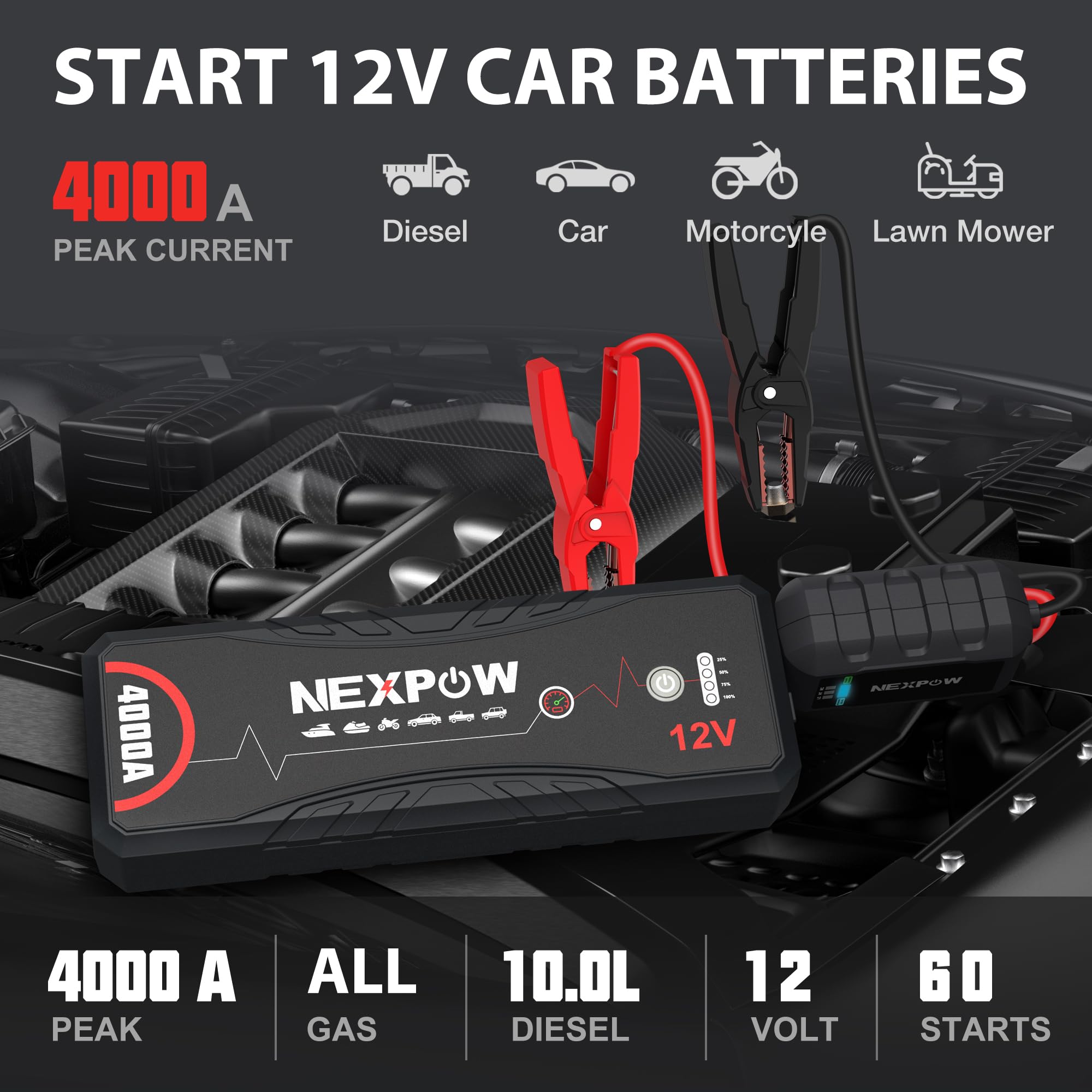 NEXPOW Car Jump Starter 4000A, Portable Battery Booster for Gas & 10.0L Diesel Engines, Model Q11, Includes LED Light & USB QC3.0