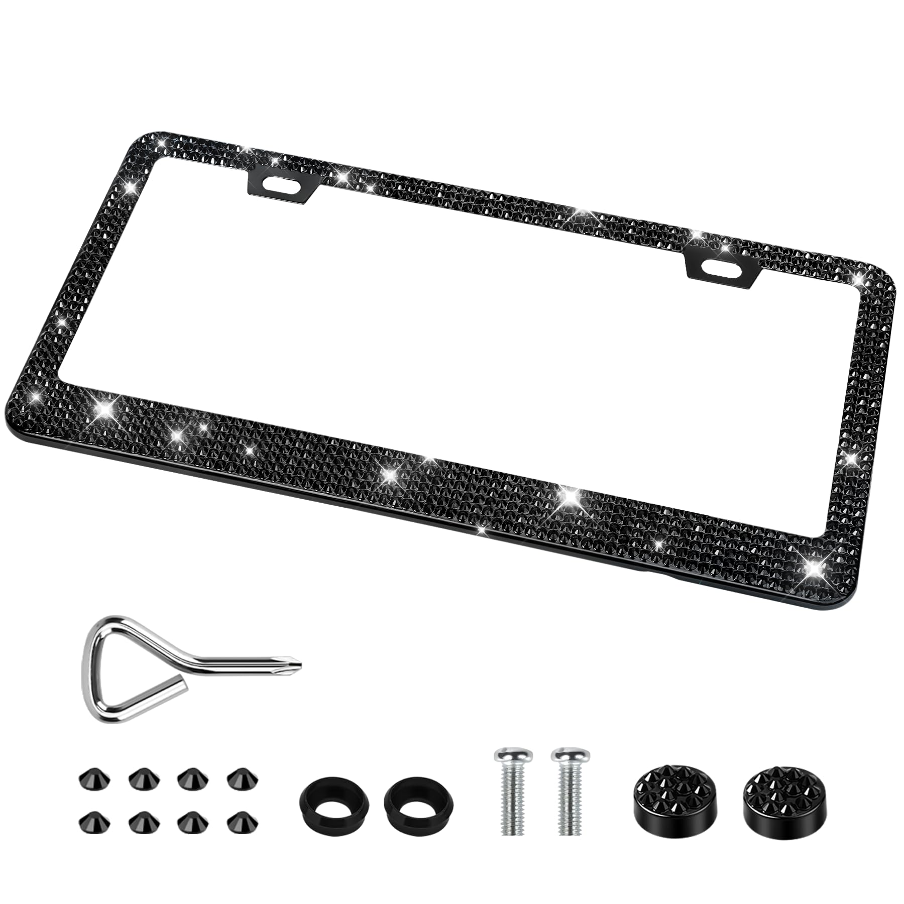 Quanqiufei 1 Pack Bling License Plate Frames, Sparkly Rhinestone Diamond Car License Plate Cover For Women, Stainless Steel Car 