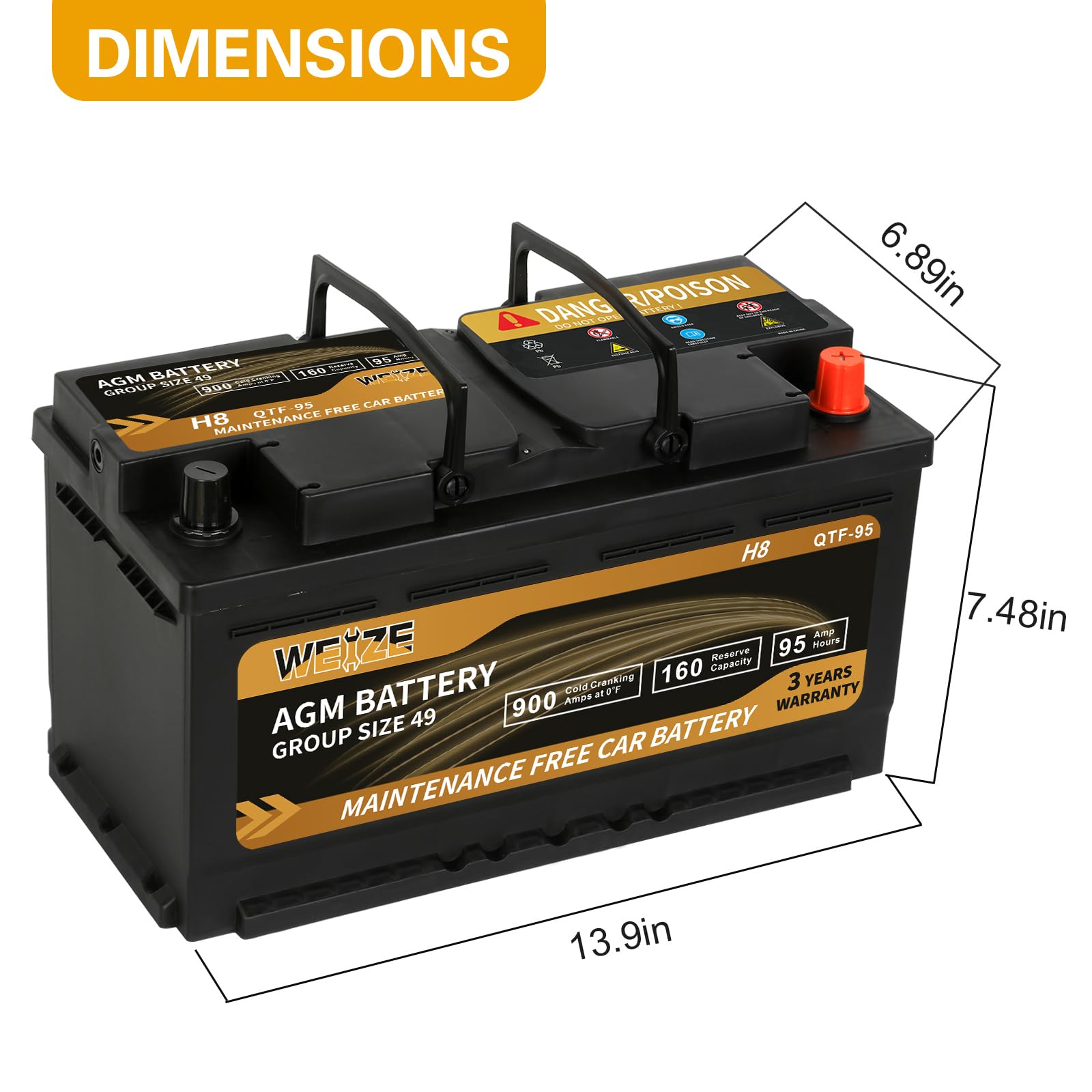 WEIZE Platinum AGM Battery - BCI Group 49, 12V, 95Ah, 900CCA, 36 Months Warranty, Dimensions 13.9" L x 6.89
