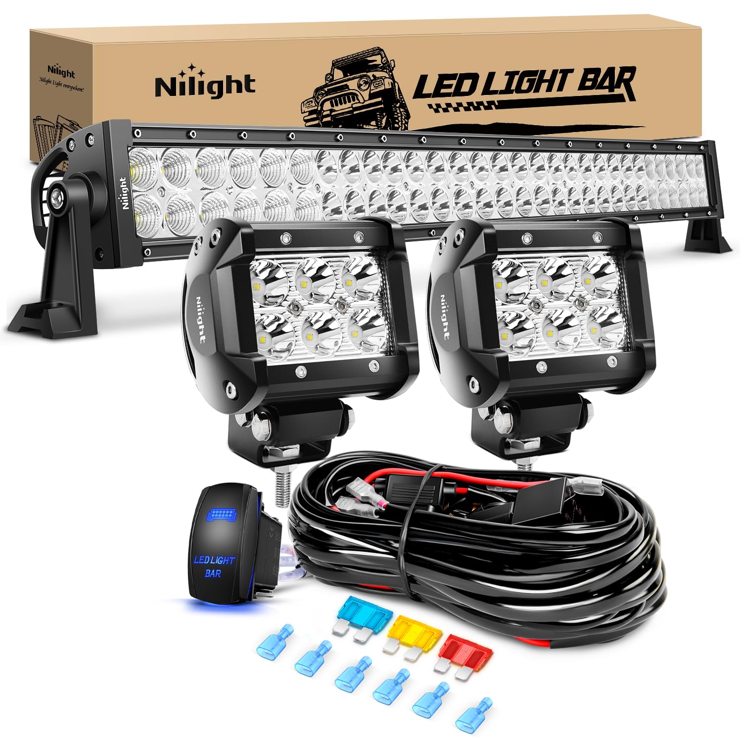 Nilight 32 Inch 180W Spot Flood Combo Led Light Bar 2Pcs 18W 4Inch Spot Led Pods Driving Off Road Lights With 14Awg Wiring Harne