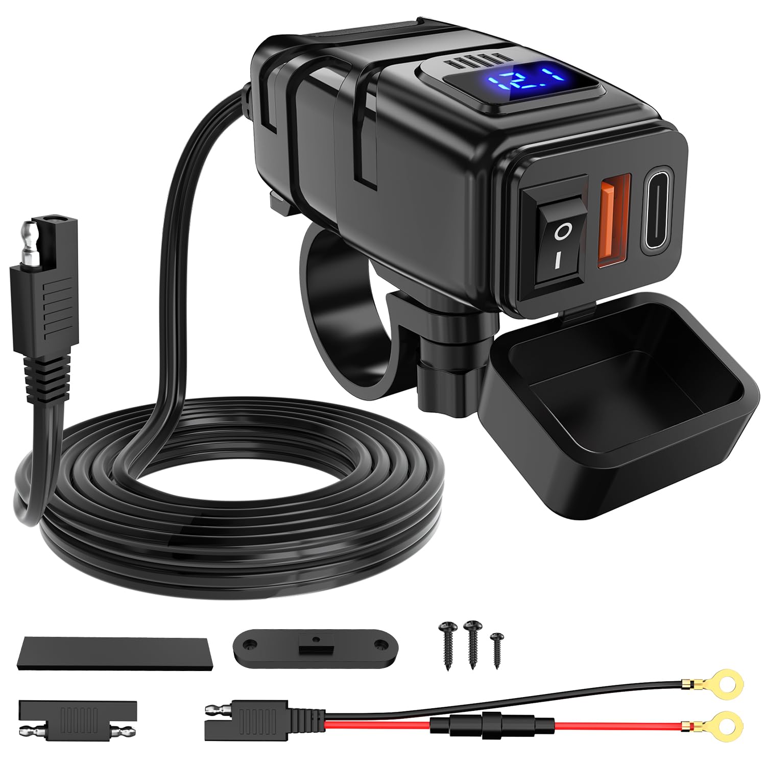 Nilight Motorcycle Usb Type C Port 12V Voltmeter Independent On Off Switch Sae Inline 10A Fuse Waterproof 6.8A Qc3.0 Fast Phone