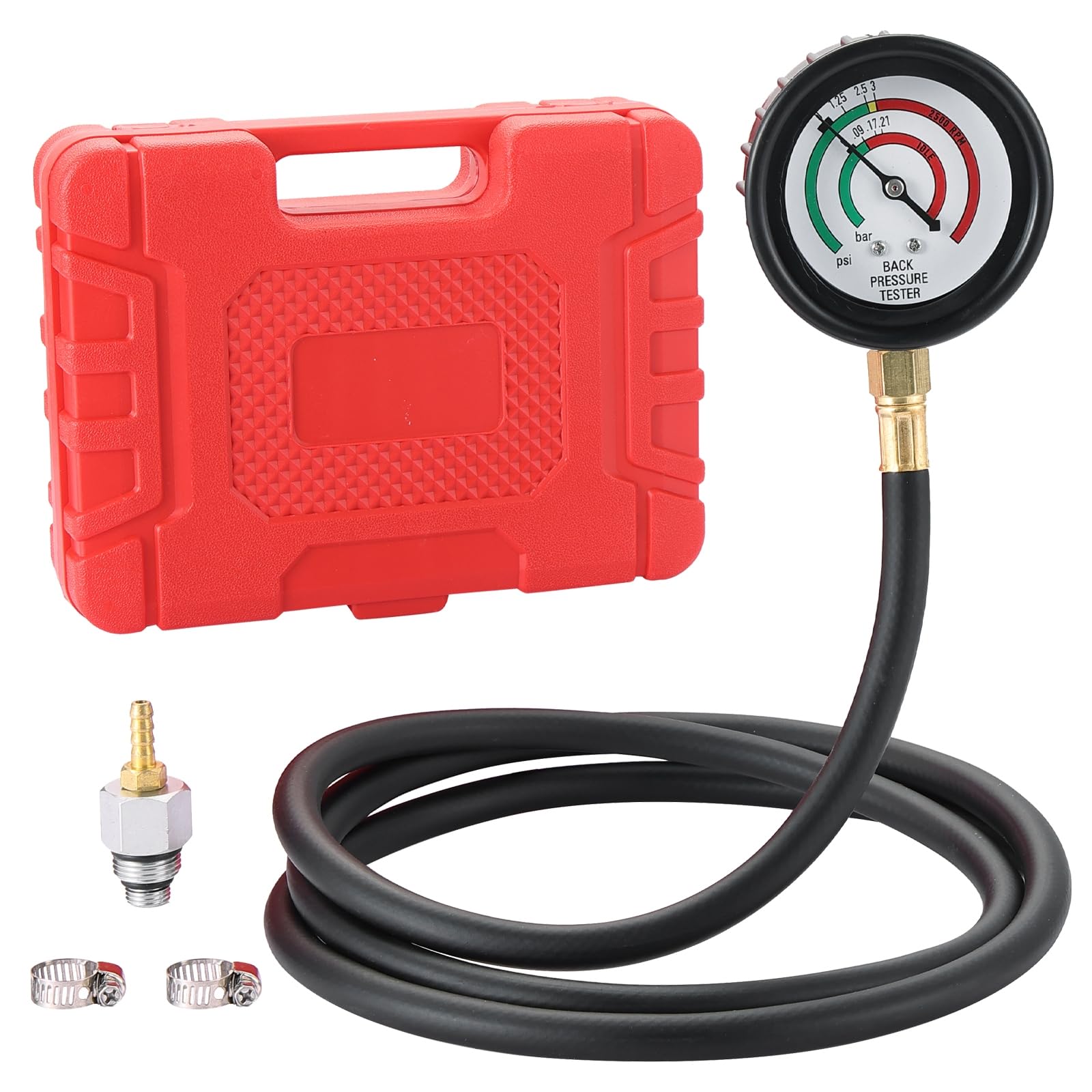 DASBET Exhaust Back Pressure Tester Kit with Carrying Case, Automotive Exhaust Back Pressure Gauge Set with 6-Foot Hose & Adapte
