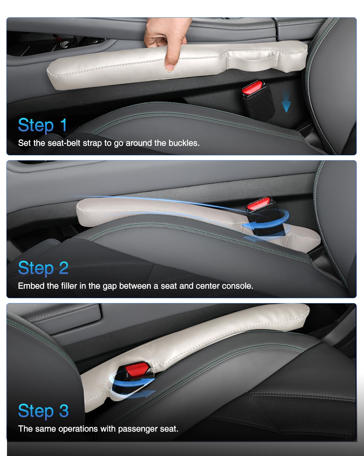 Homaupt Leather Car Seat Gap Filler, Beige Faux Leather, Universal Fit for Car, Truck, SUV - Model SGF02W, 2 Packs