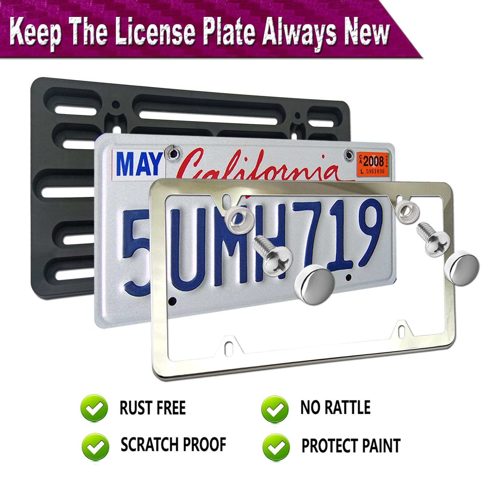 Zxfoog Front License Plate Mounting Kit- Front Bumper License Plate Bracket & Stainless Steel Car Tag Frame, Universal No Drilling Hole Adapter For Car/Truck/Trailer, With Screws Cap, Rattle Proof Pad