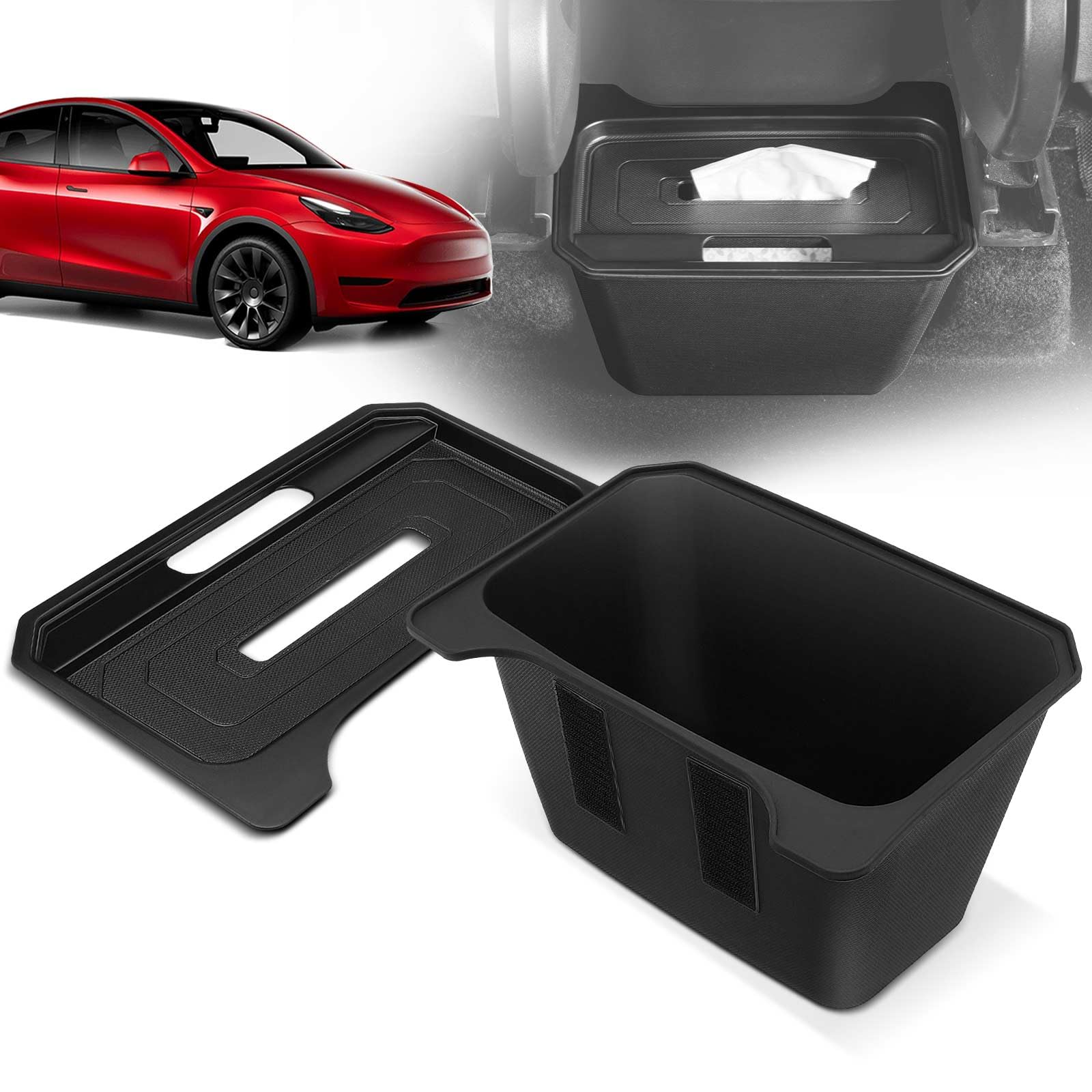 YHTAUTO Rear Center Console Organizer with Lid Fit for Tesla Trash Can Model Y 2020-2025, TPE 2nd Row Center Console Storage Box