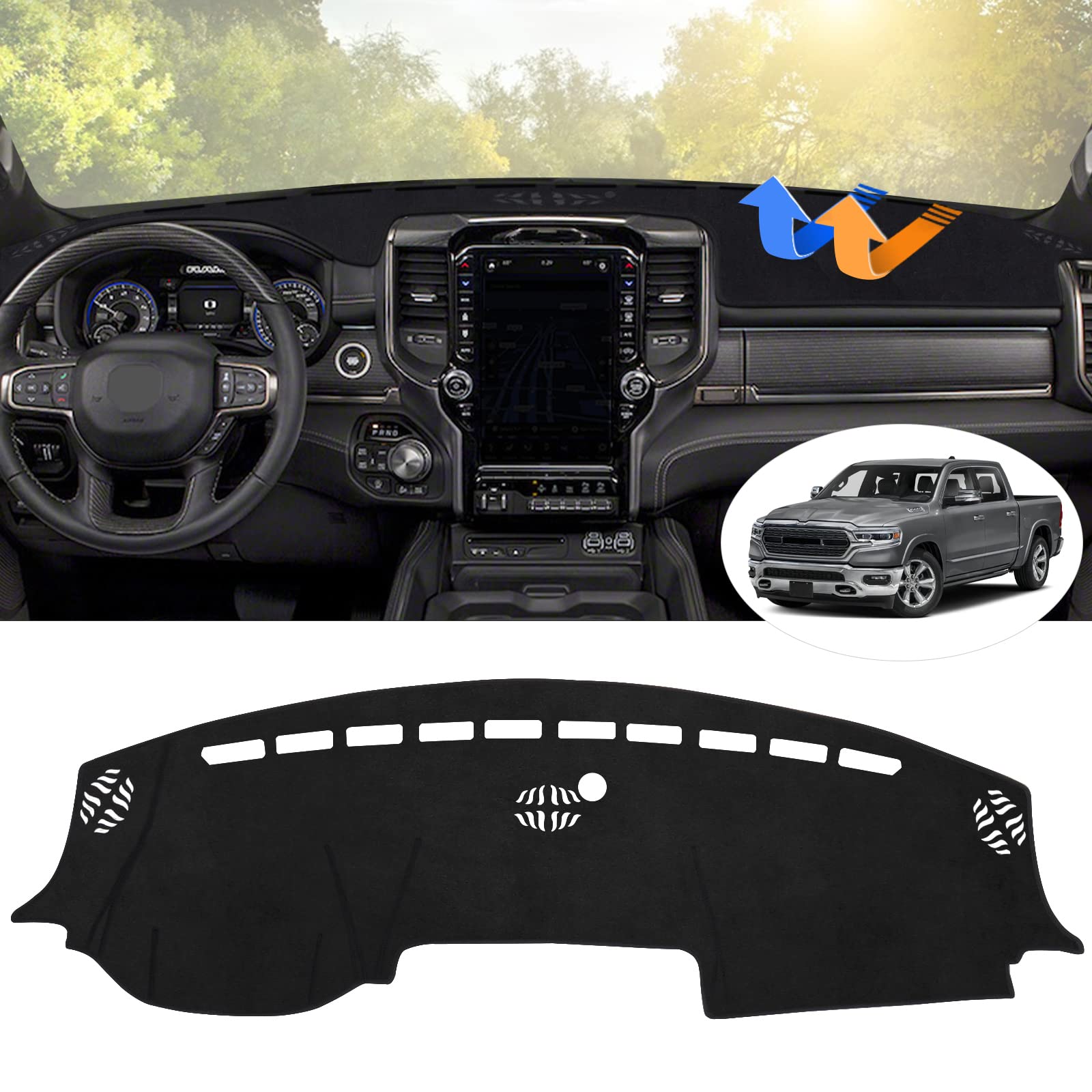 Autorder Dashboard Cover Mat For 2019-2023 2024 Dodge Ram 1500 2500 3500 Accessories Dash Cover Flannel Dash Mat Sunshade Glare 