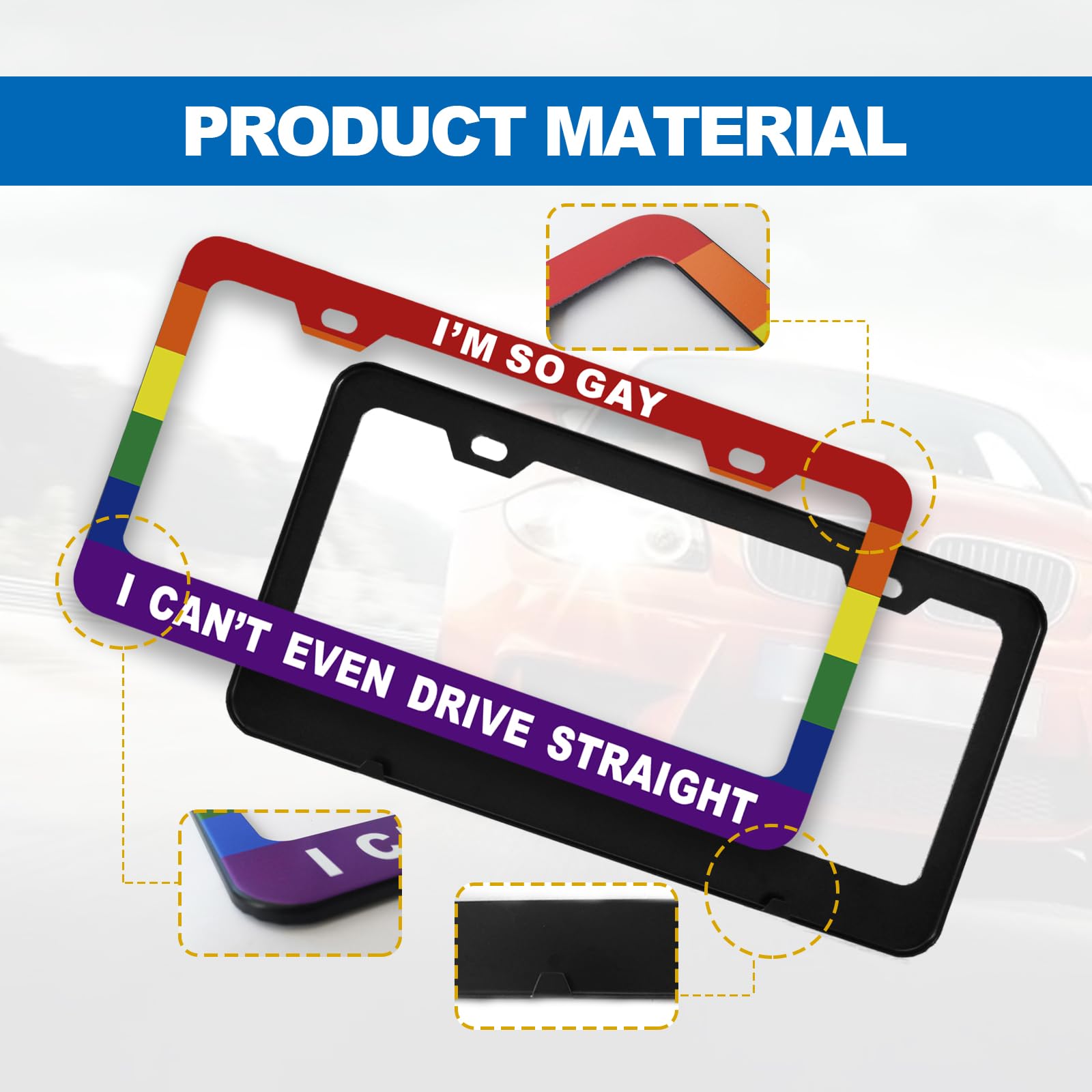 CmeRto Funny License Plate Frame - Aluminum Car Cover, 12x6 Inch, Gay Pride Rainbow Flag, "I'm So Gay I Can't Even Drive Straight"