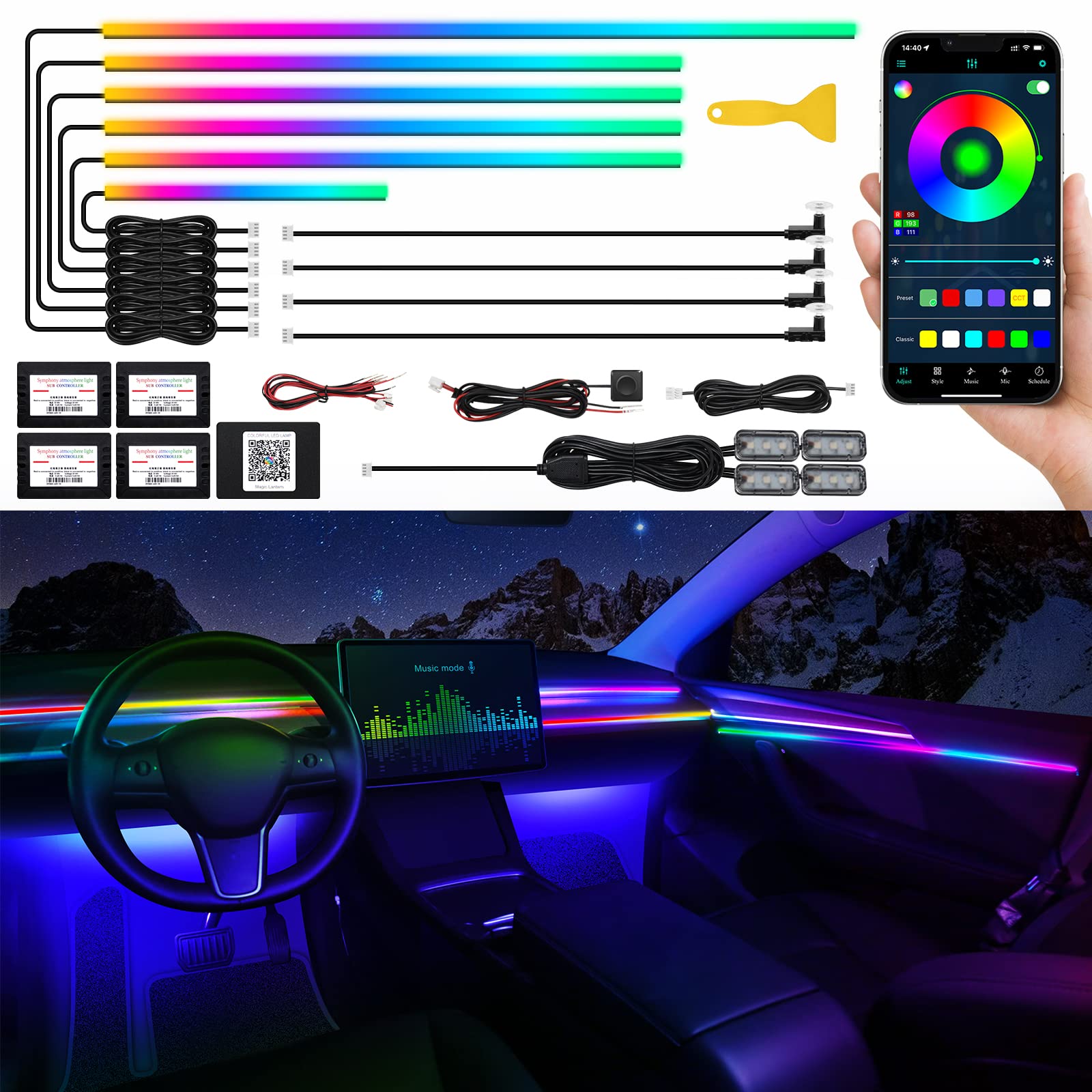 Dreamcolor Acrylic Interior Car Led Strip Light With Wireless App, Rgb 14 In 1 With 175 Inches 593 Leds Fiber Optic Ambient Ligh