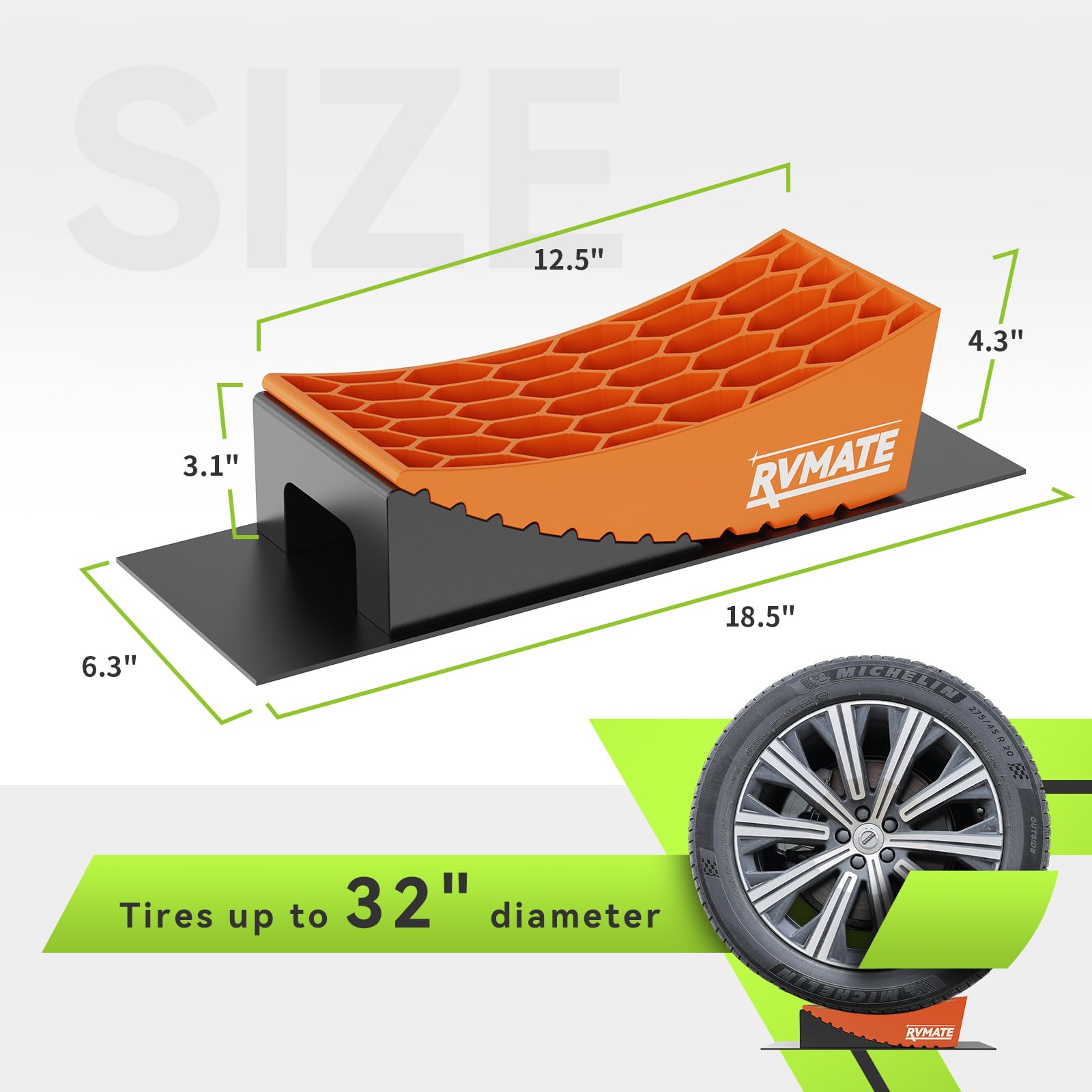 RVMATE Camper Levelers 8-Piece Kit - Includes Curved Levelers, Wheel Chocks, Level, and Grip Mats - Orange, Model RMLBK-O