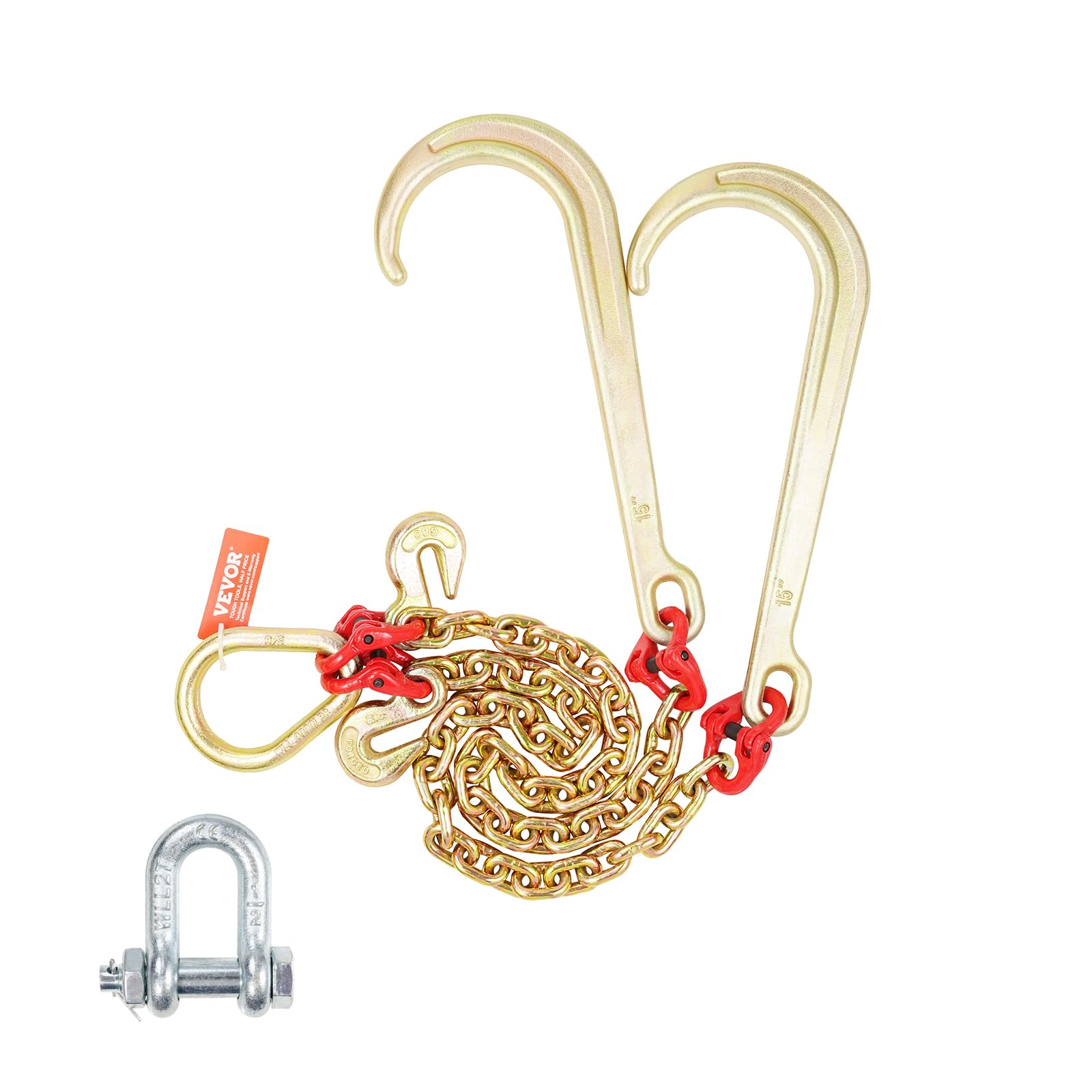 VEVOR G80 V Bridle Chain, 5/16'' x 2' Towing Chain Bridle with 15'' J Hooks and Grab Hooks, Heavy Duty Transport Tow Chain Bridl
