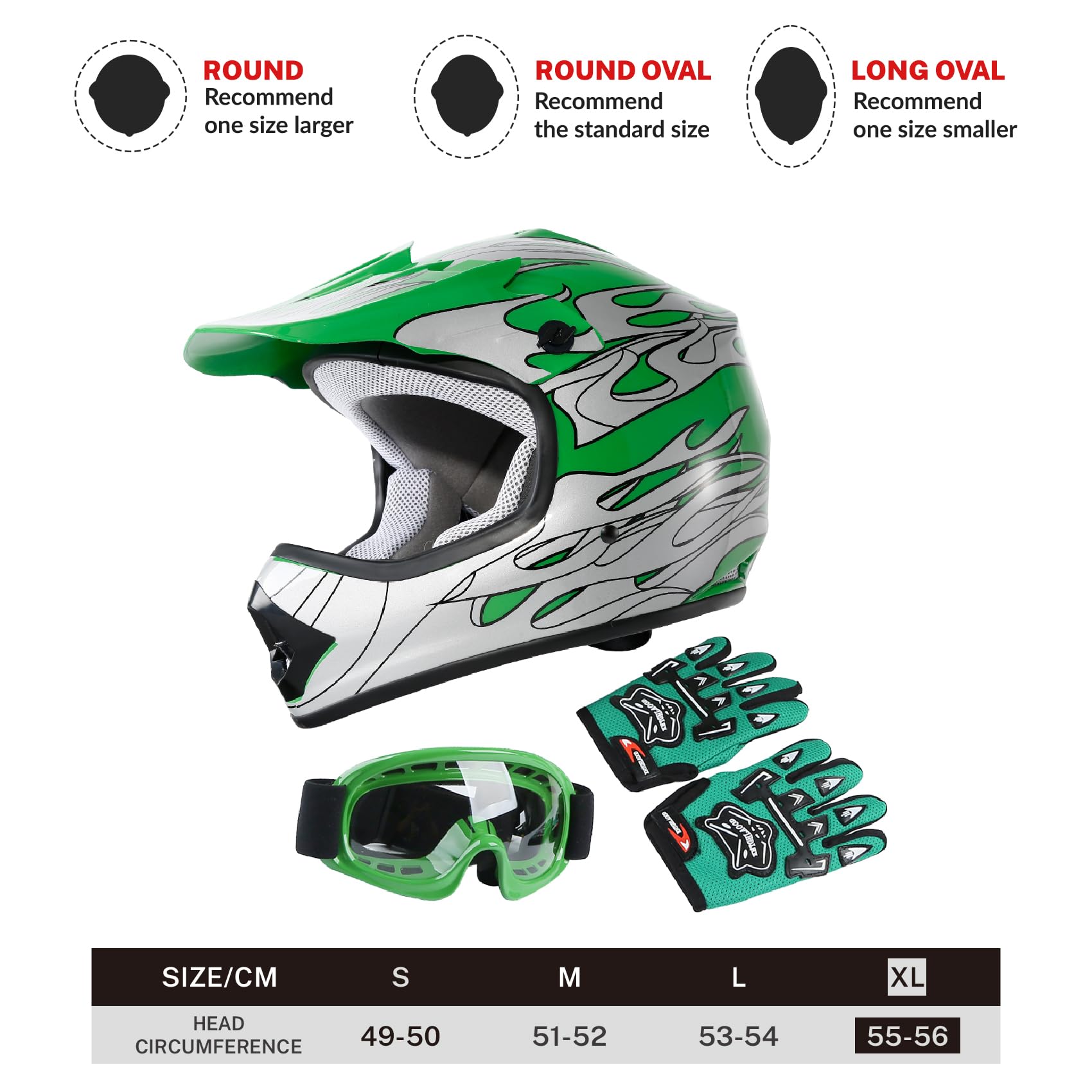 Slmoto Dot Youth Kids Motocross Offroad Street Helmet Motorcycle Helmet Dirt Bike Atv Green Flame Helmet+Goggles+Gloves,X-Large