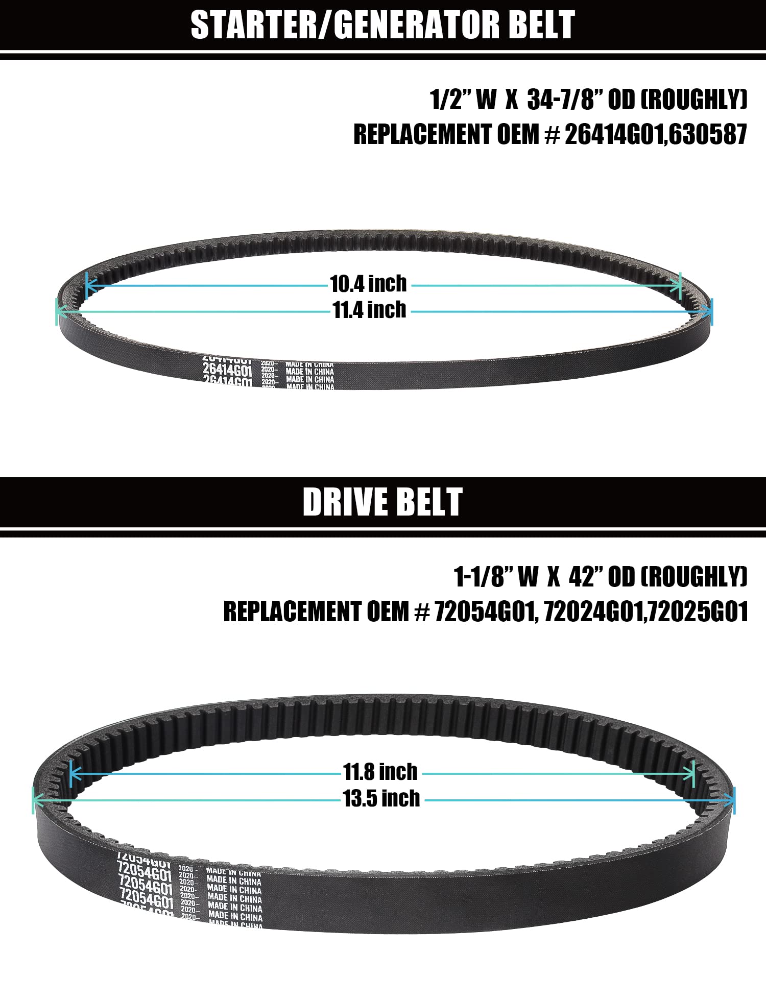 Geggkake Ezgo Drive Belt & Starter Generator Belt Kits, Fits 4 Cycle 1994-Up Ezgo Txt/Medalist Gas Golf Cart, Oem# 72054G01, 720