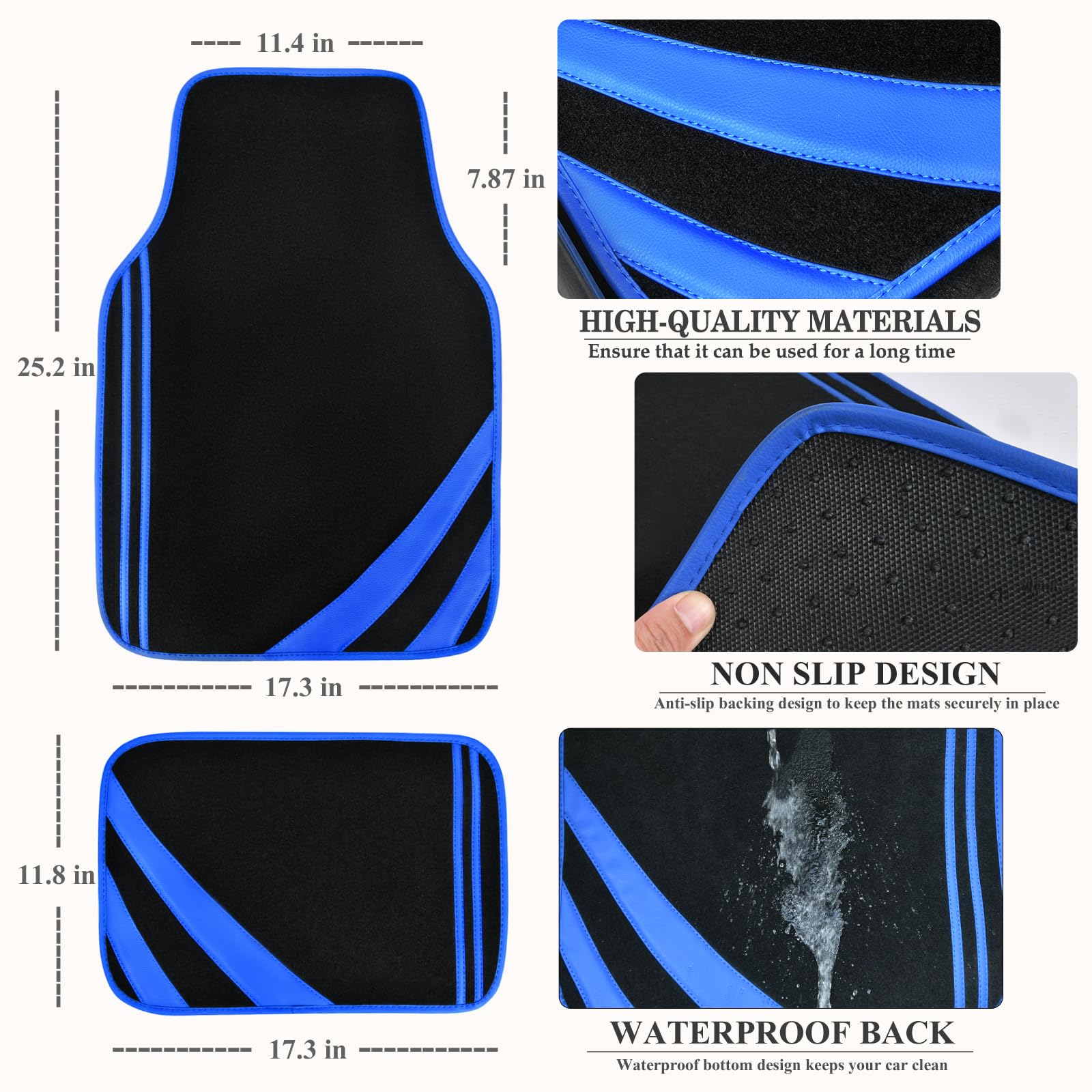 Car Pass Faux Leather Car Mats Blue Edge Waterproof Car Floor Mats Car Carpet Mats 4 Pieces With Double Stitch Line Anti-Slip Ba