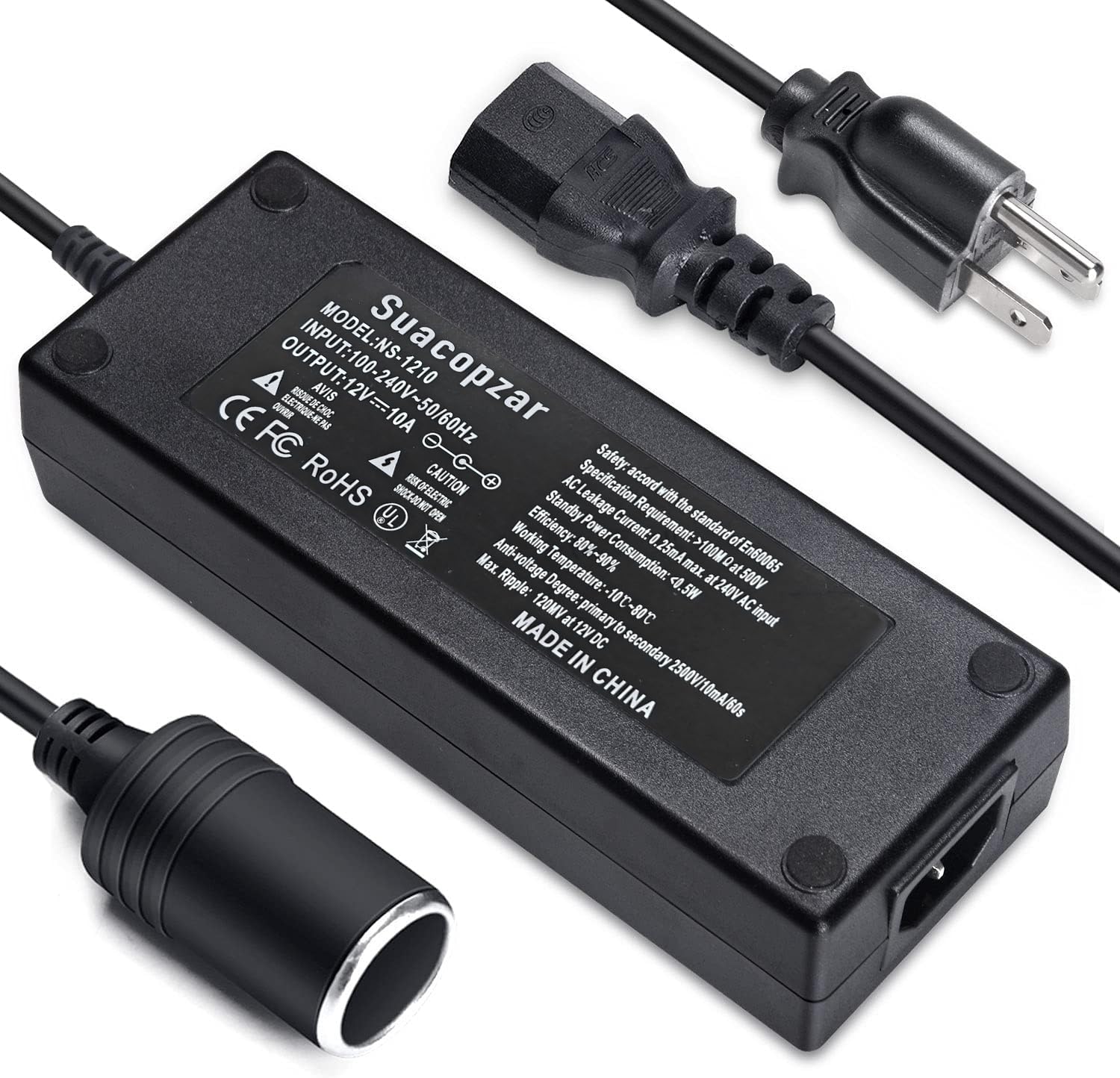 Suacopzar 10Ft Ac To Dc Converter 110V To 12V 10A 120W Power Supply Car Cigarette Lighter Adapter To Wall Plug, 3 Pin Socket Ac
