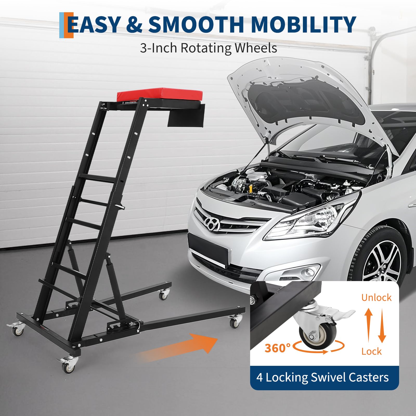 GarveeTech Foldable Automotive Creeper, 45.7"-66.3" Adjustable Height, 400lbs Capacity, Padded Deck, Locking Swivel Casters, H-Base