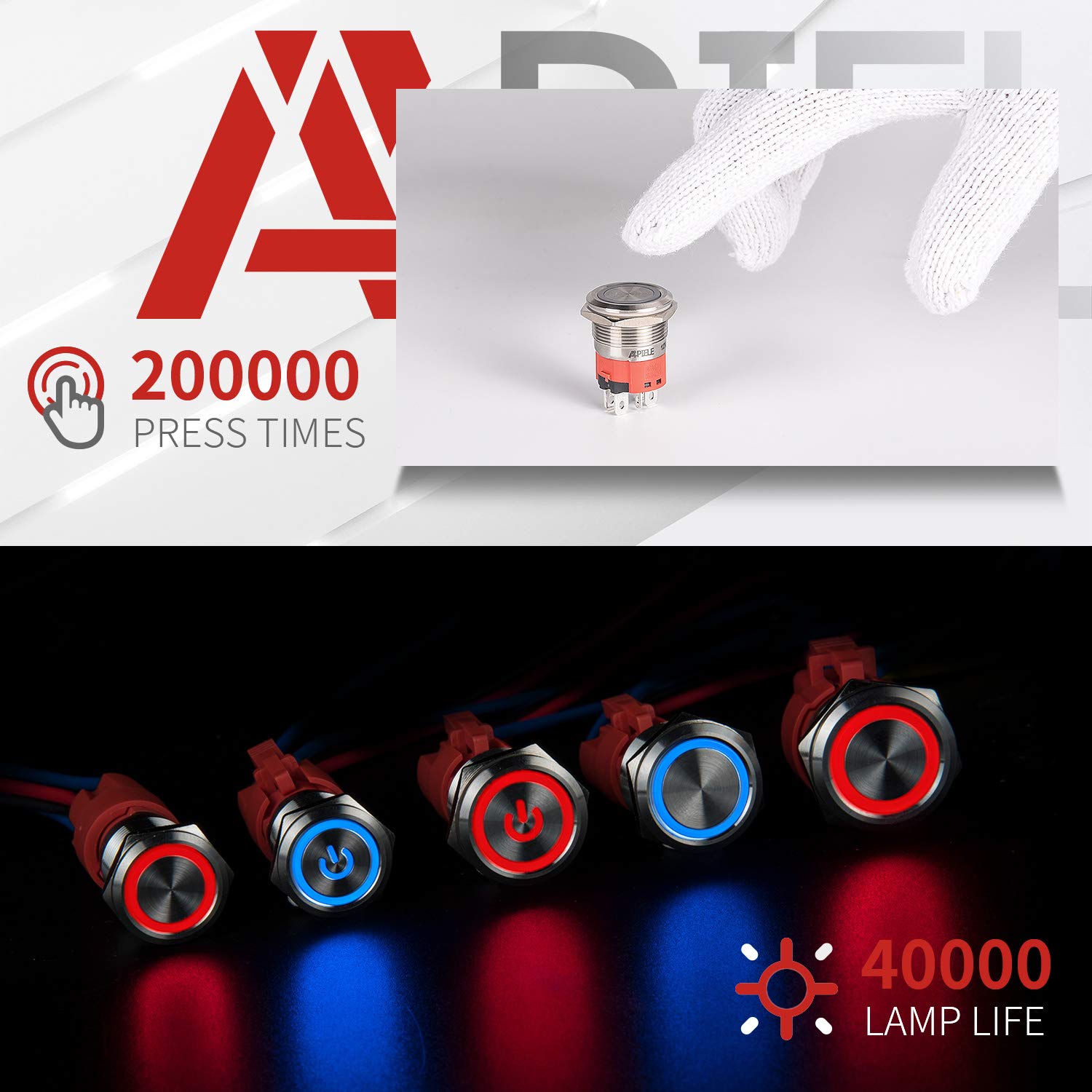 Apiele 10 Amp 19Mm Latching Push Button Switch 12V Spst Led Waterproof Round Self-Locking 1No (Silver Stainless Steel, Blue)