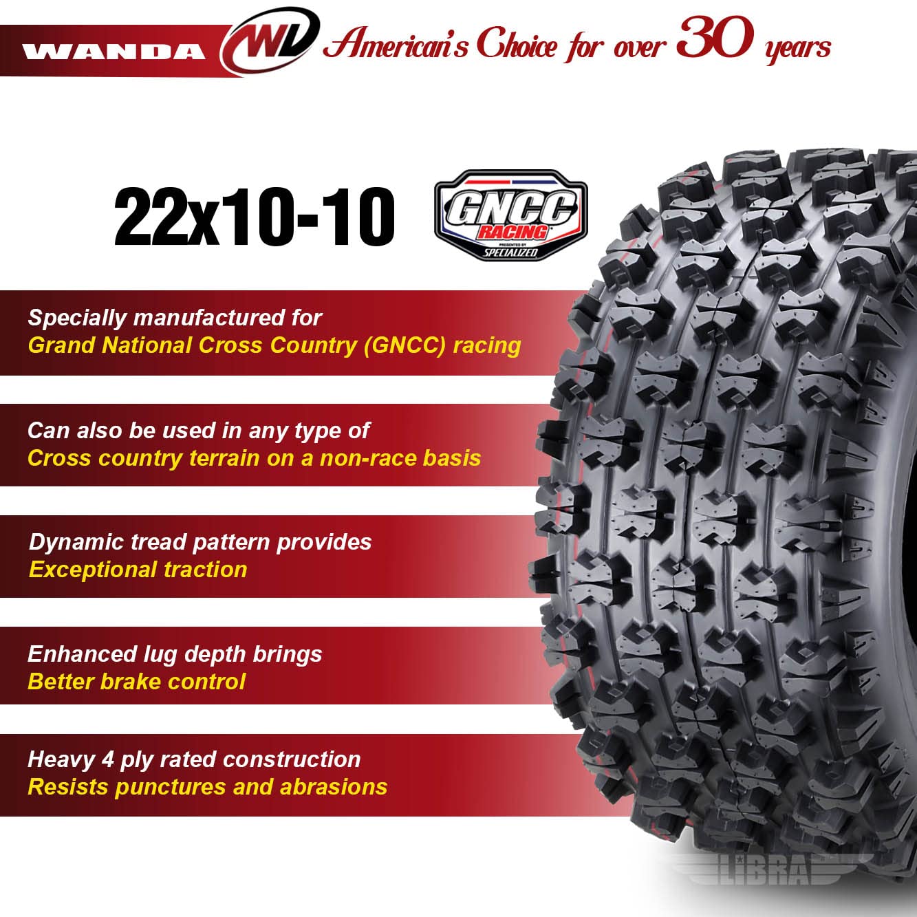 Wanda Set 2 Sport Atv Tires At 22X10-10 22X10X10 P357 Gncc (Grand National Cross Country) Race Tire 0.71'' Lugs 10089