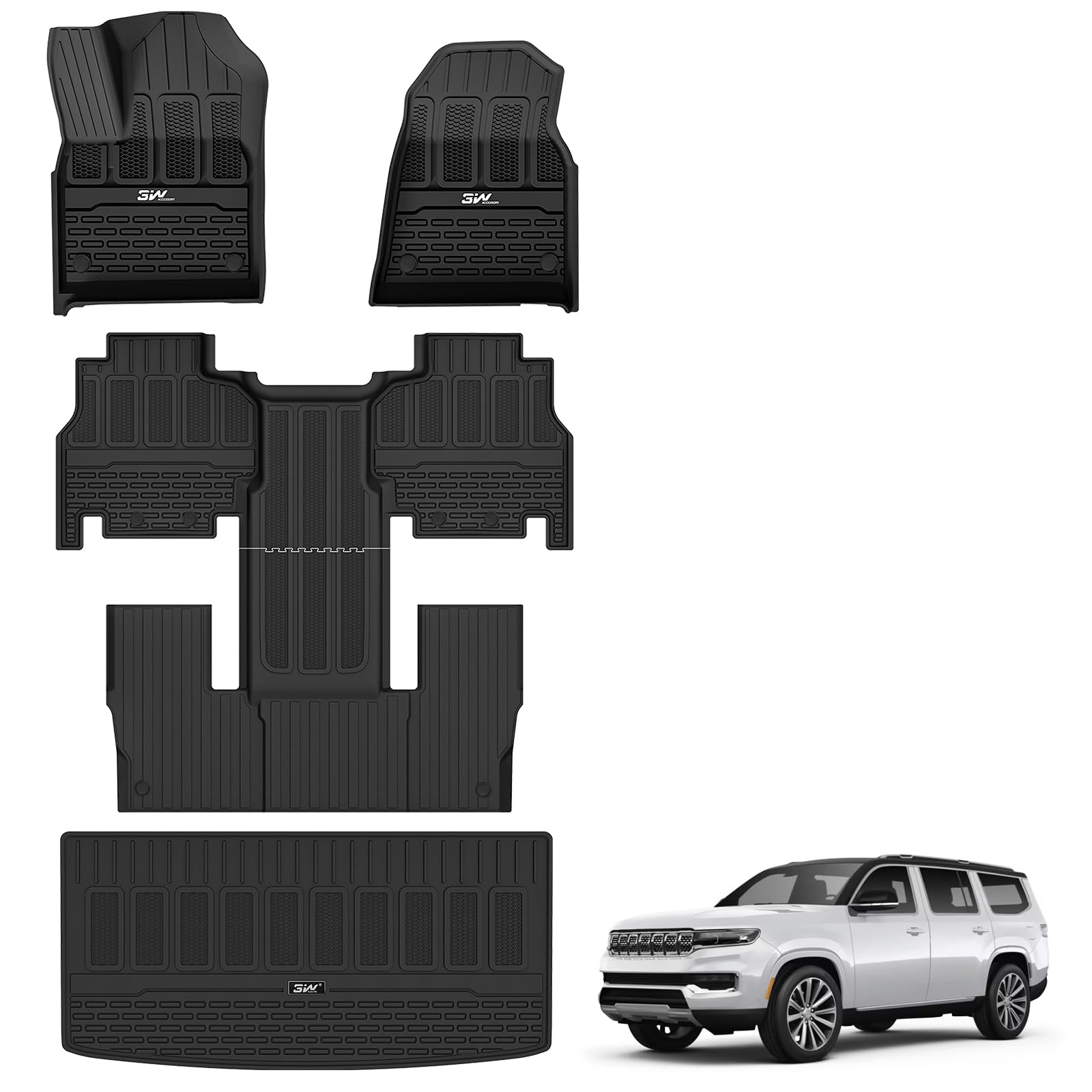 3W Floor Mats & Cargo Liner Fit For Jeep Grand Wagoneer 2022 2023 2024 2025 7 Seat (Not Fit For L Or 8 Seat), Tpe Custom Fit Wag