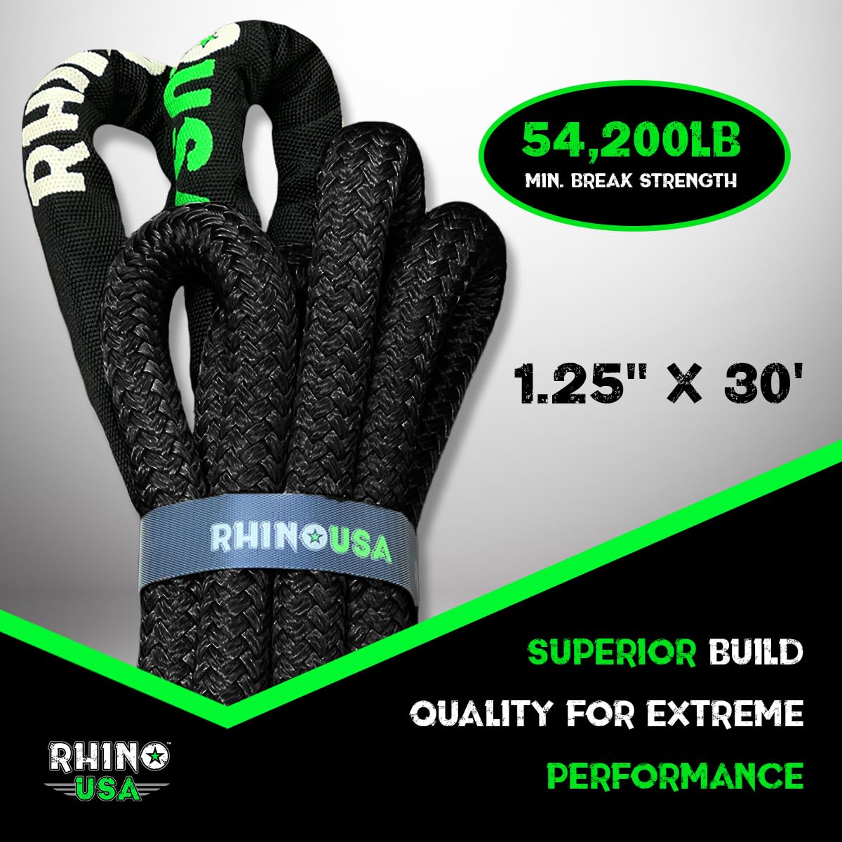 Rhino Usa Kinetic Recovery Tow Rope (1.25'' X30') Heavy Duty Offroad Snatch Strap For Diesel Truck, Tractor, Heavy Equipment - U