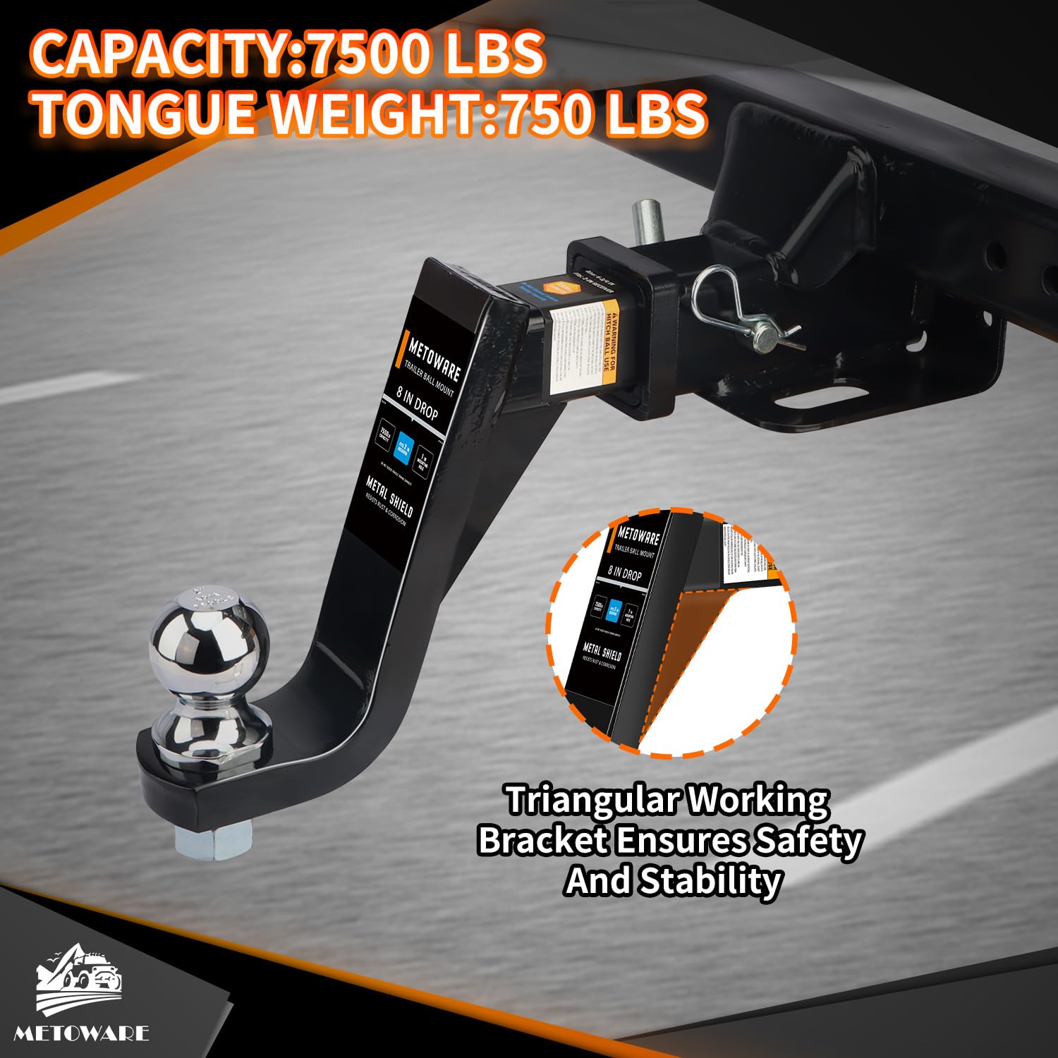 METOWARE Trailer Hitch Ball Mount with 2-5/16 Inch Trailer Ball, Fits 2- Inch Receiver, 7500lbs Capacity Ball Hitch, 8-Inch Drop