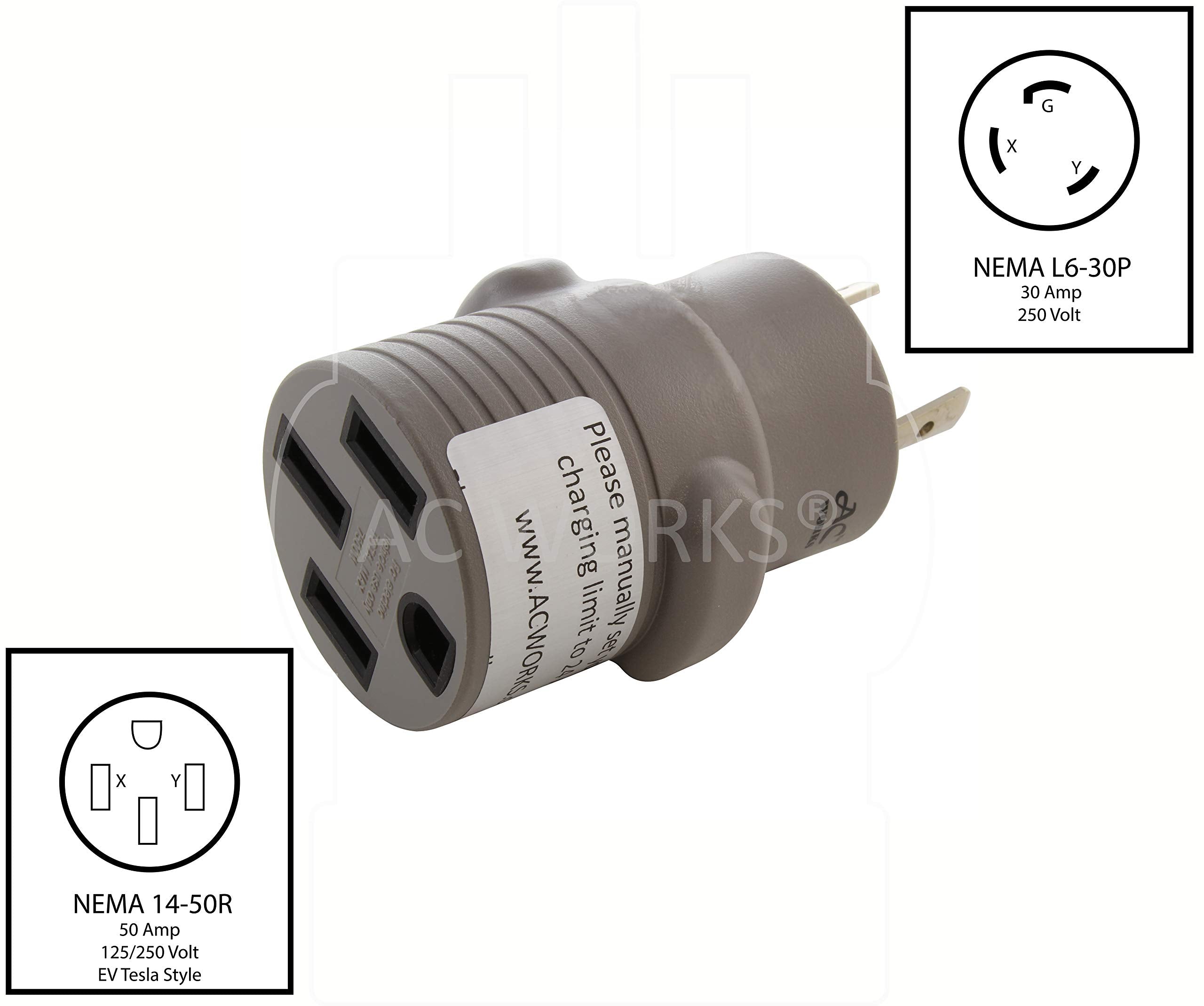 Ac Works Ev Charging Adapter For Tesla Use (L6-30 30A 250V 3-Prong To Tesla- Straight)