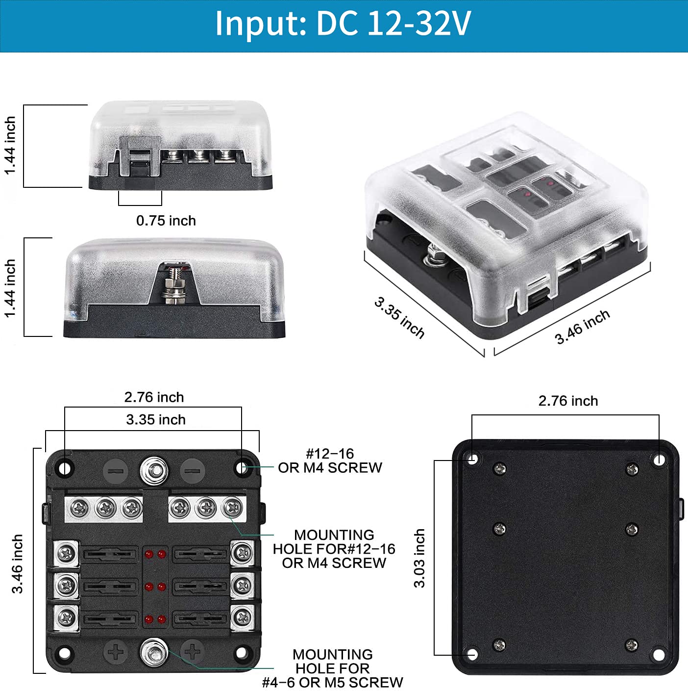 6 Way Fuse Block,12V Blade Fuse 6 Circuit Atc/Ato Waterproof Fuse Box Holder With Led Indicator Waterpoof Cover For 12V/24V Auto