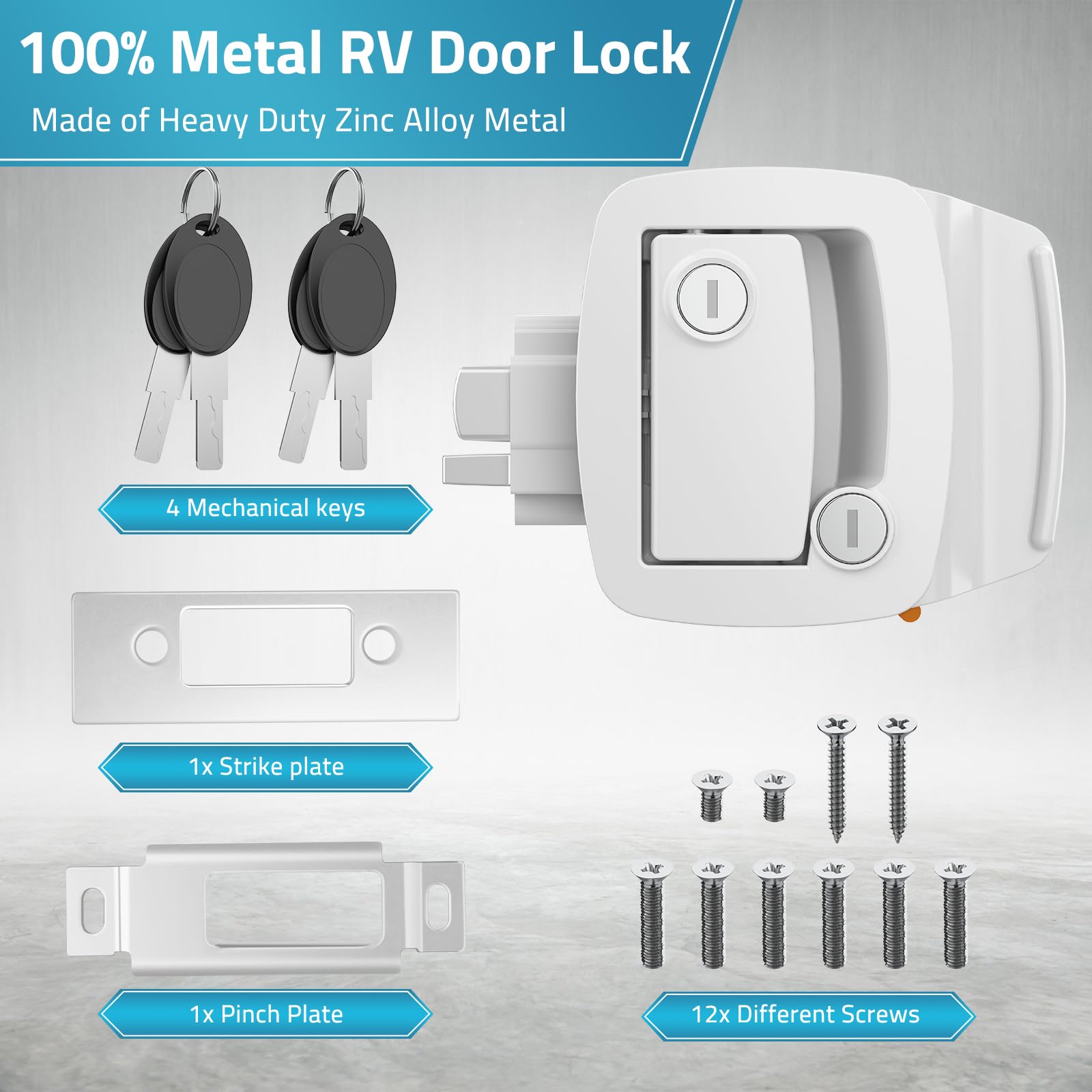 Paulinn Rv Door Lock Replacement - White 100% Paddle Deadbolt Lock, Ip67 Waterproof Camper Door Lock With 4 Keys For Horse Trail