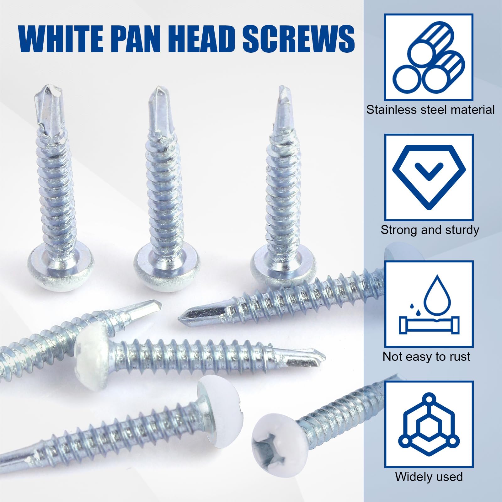 AFZZ RV Screws 8 X 1" White Pan Head Stainless Steel Self-Tapping Fasteners - 100 Pcs