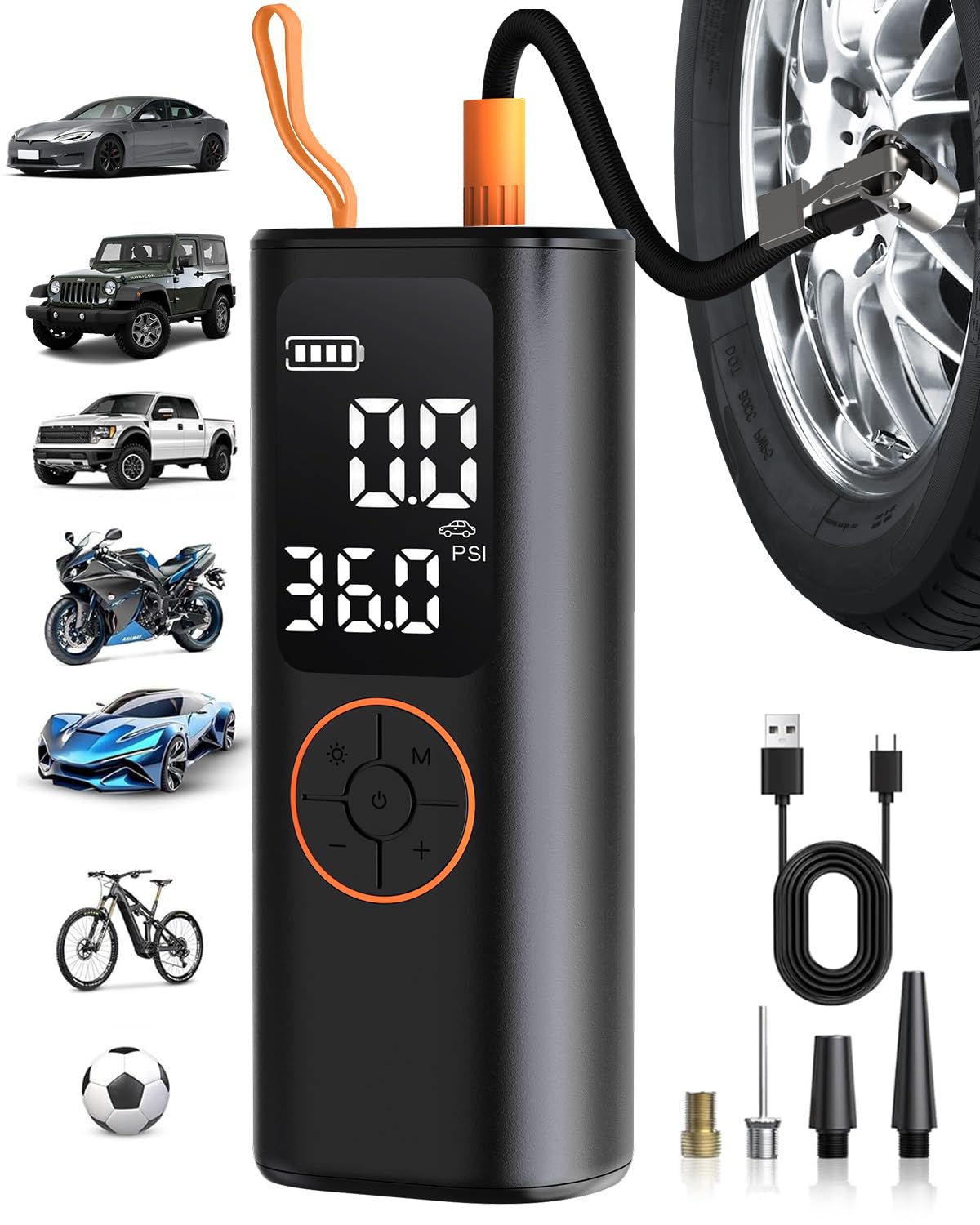 Tire Inflator Portable Air Compressor - 4X Faster Inflation Cordless Mini Air Pump with Digital Pressure Gauge with Digital Pres