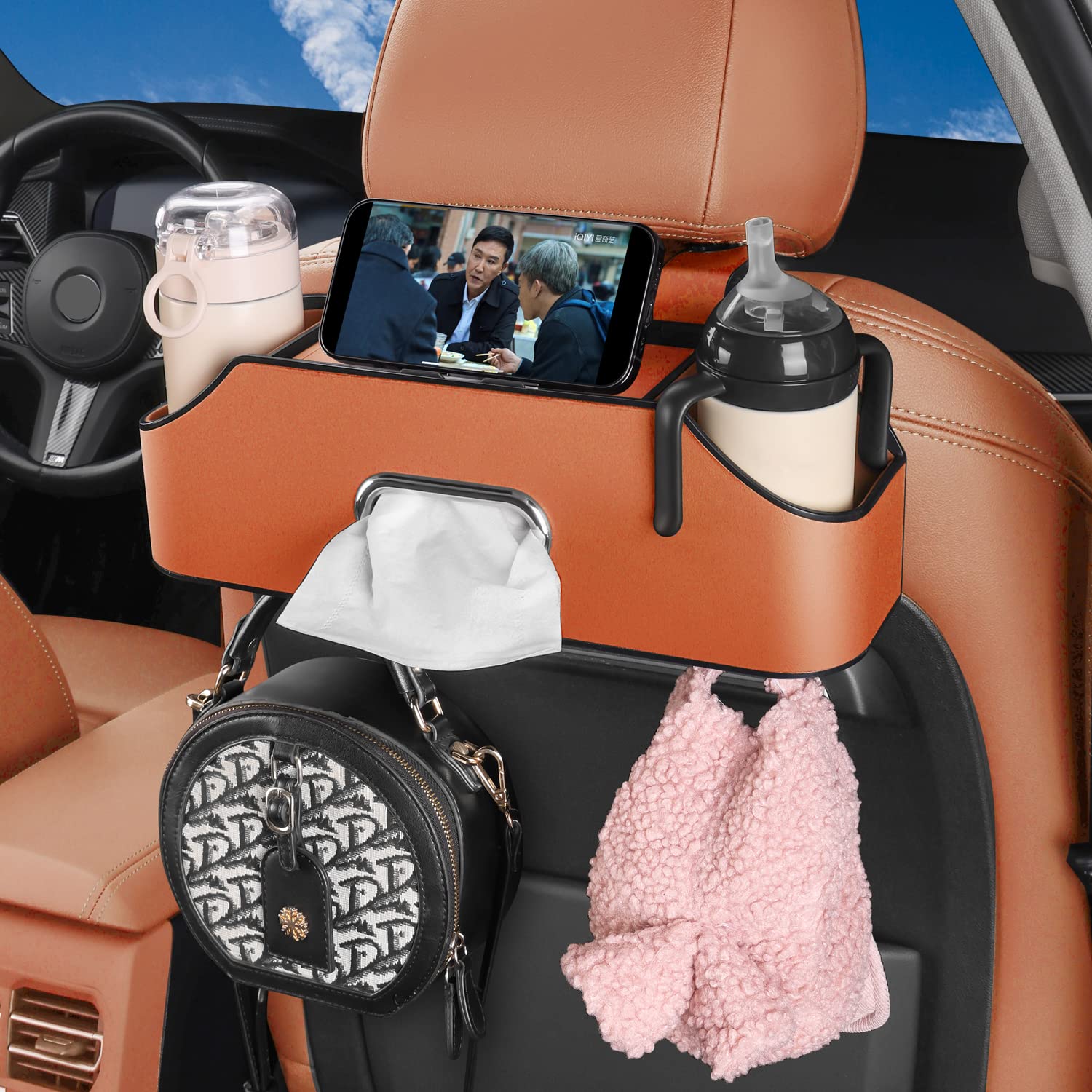 Holdcy Car Back Seat Organizer With 2 Drink Cup Holder - Tissue Box And Storage Box Hook - Multi-Functional Storage - Great For